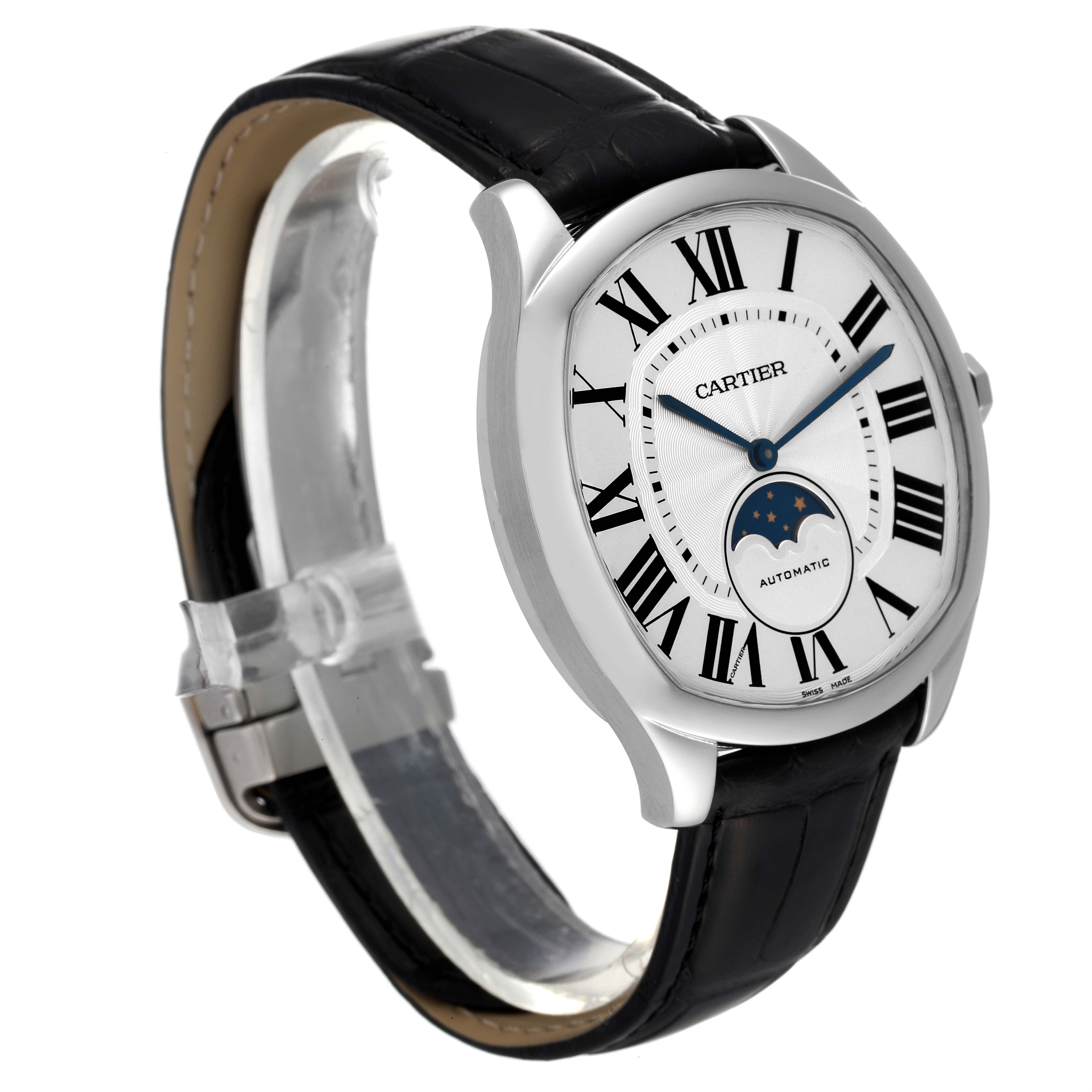 The image shows a Drive de Cartier watch by Cartier at a three-quarter angle, highlighting the dial and black leather strap.