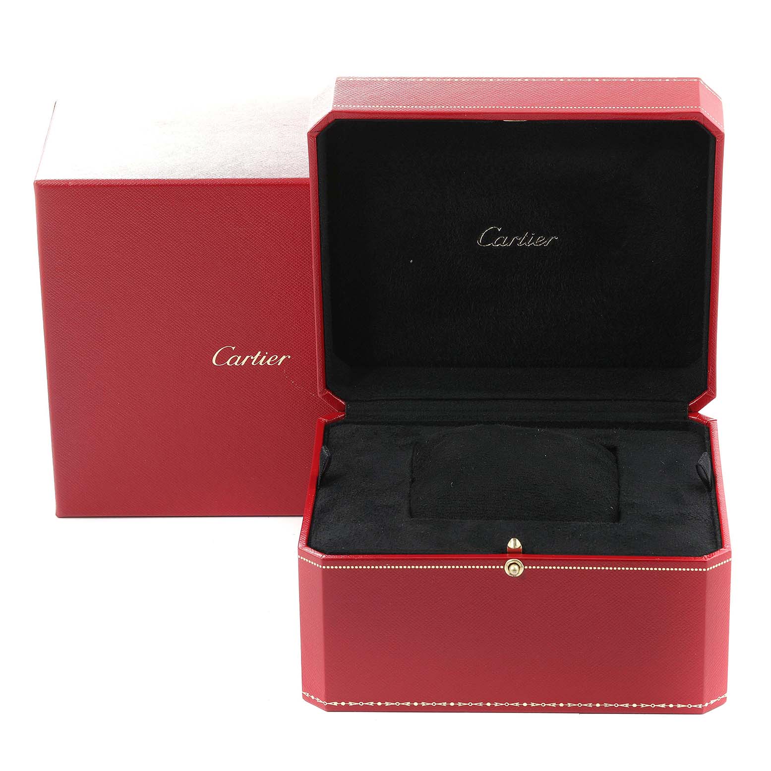 This image shows an opened red Cartier watch box and the outer case for the Drive de Cartier model by Cartier.