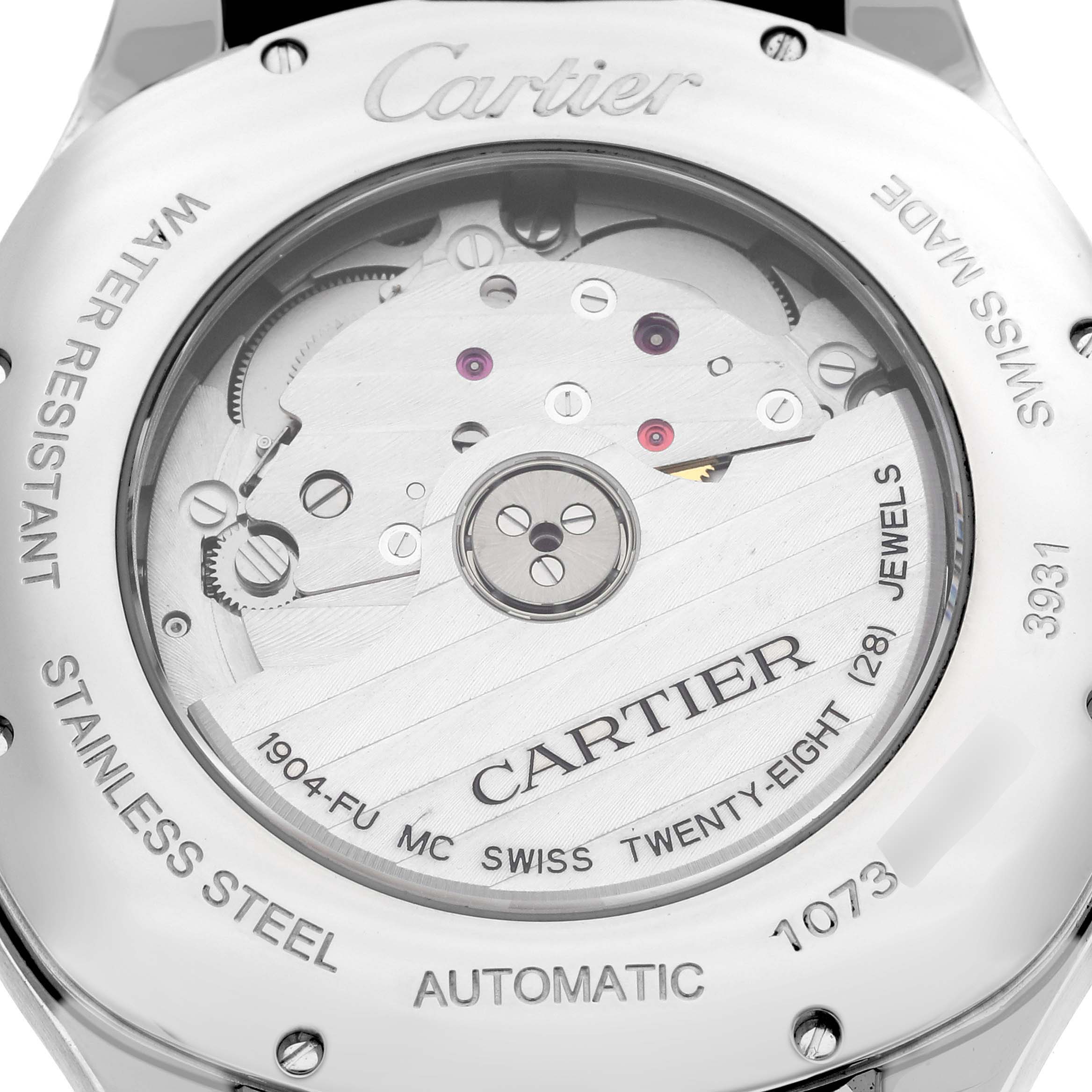 The image shows the back view of a Drive de Cartier watch by Cartier, highlighting the automatic movement and engravings.