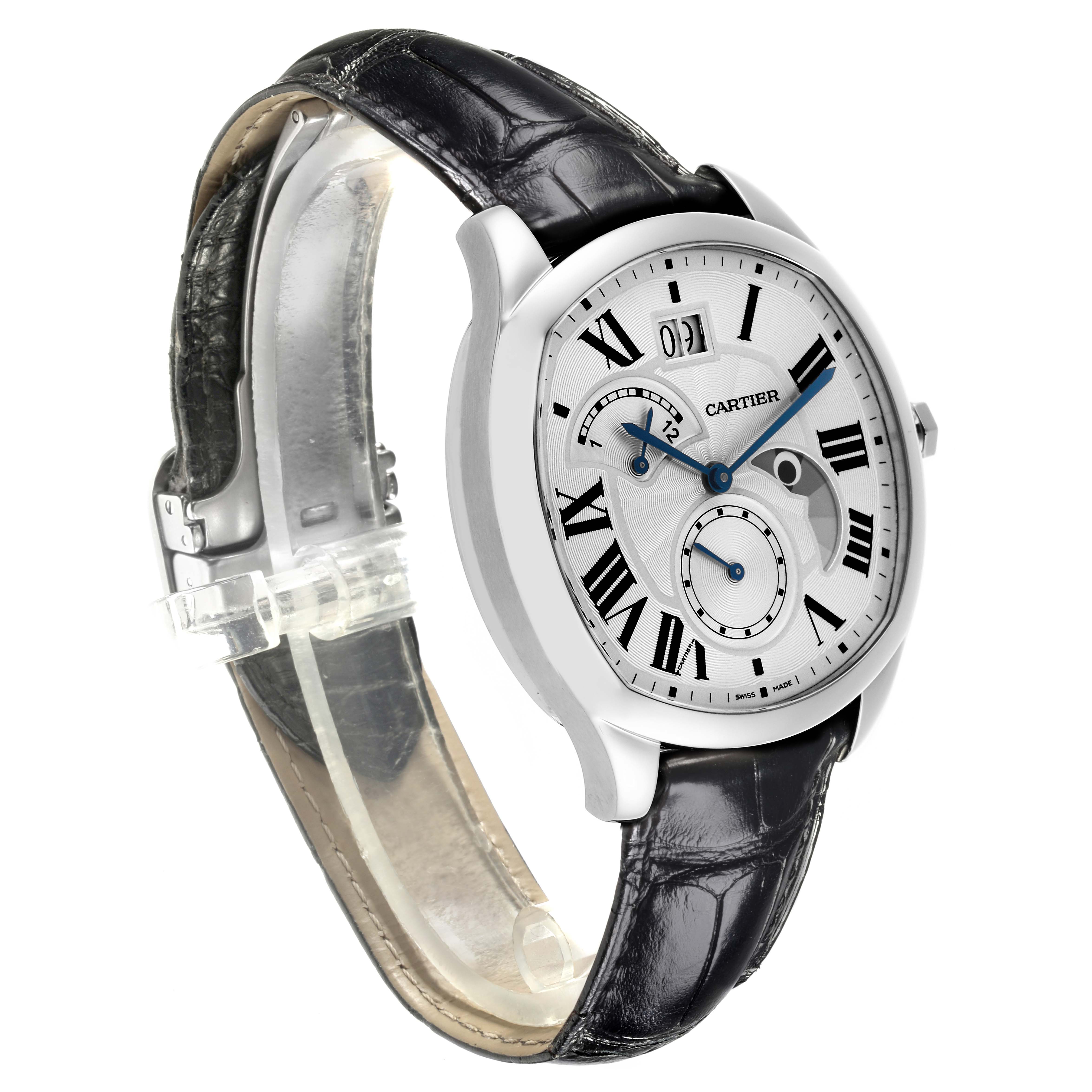 The Drive de Cartier watch by Cartier is shown at a slight angle, highlighting the face, dial, case, and black leather strap.