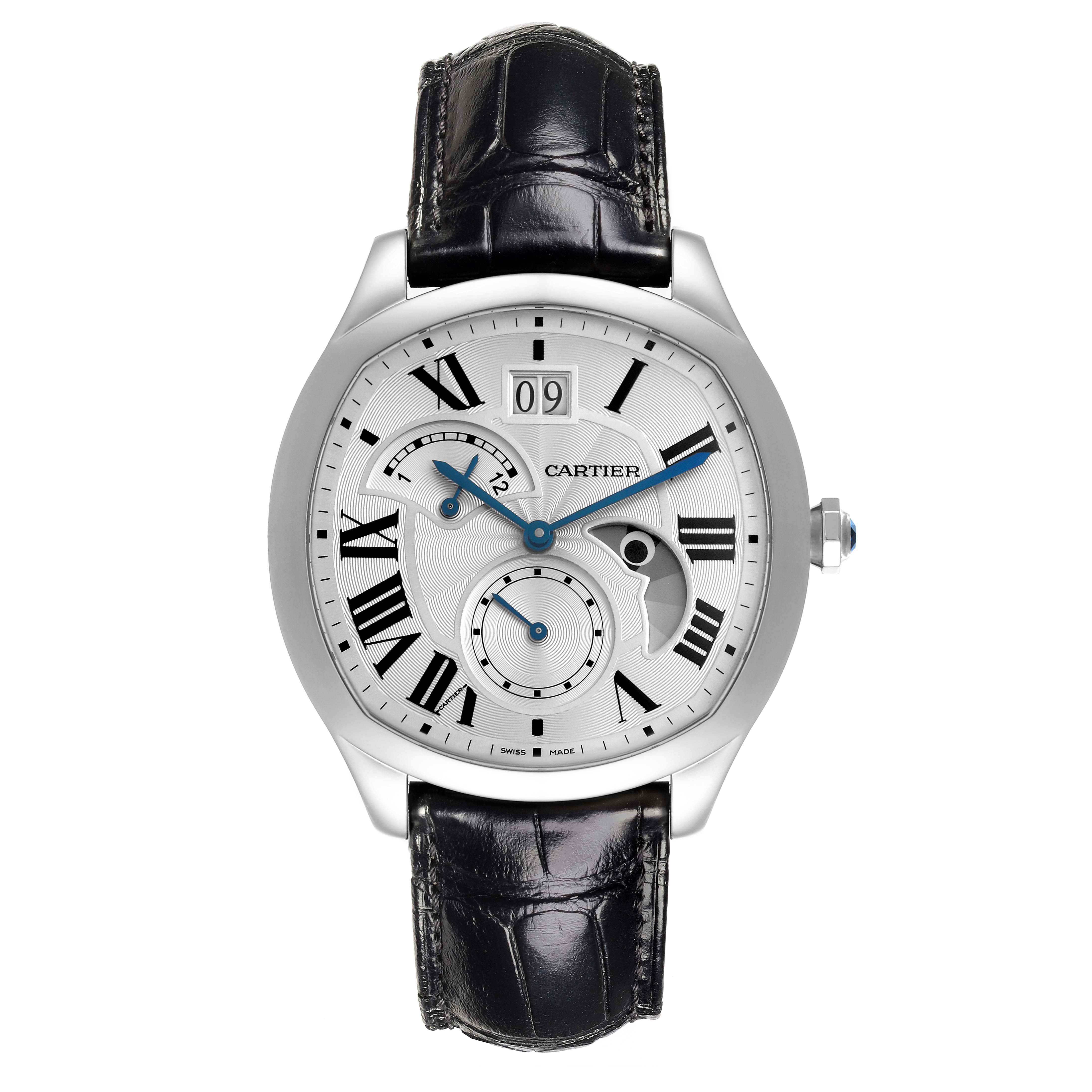 The Drive de Cartier watch is shown from the front, displaying its face, hands, and Roman numerals, with a black leather strap.