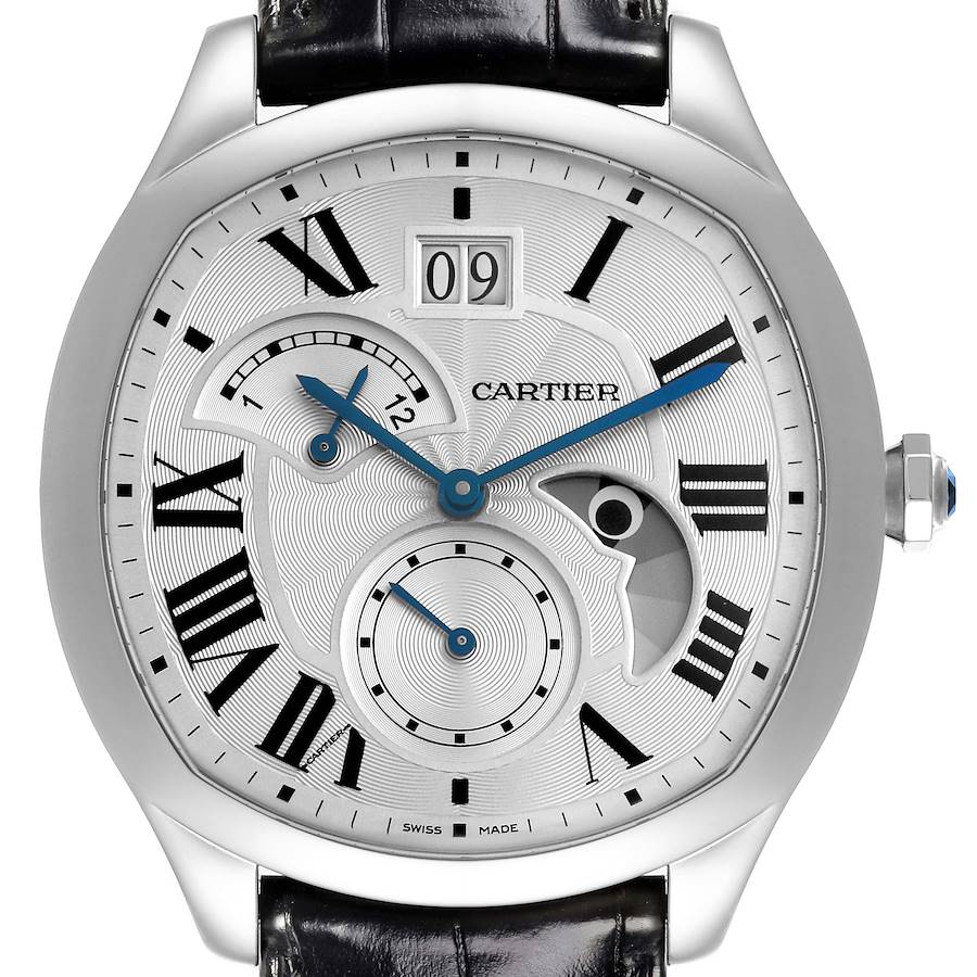 The Drive de Cartier watch is shown from the front, displaying its dial, hands, subdials, date window, and case.