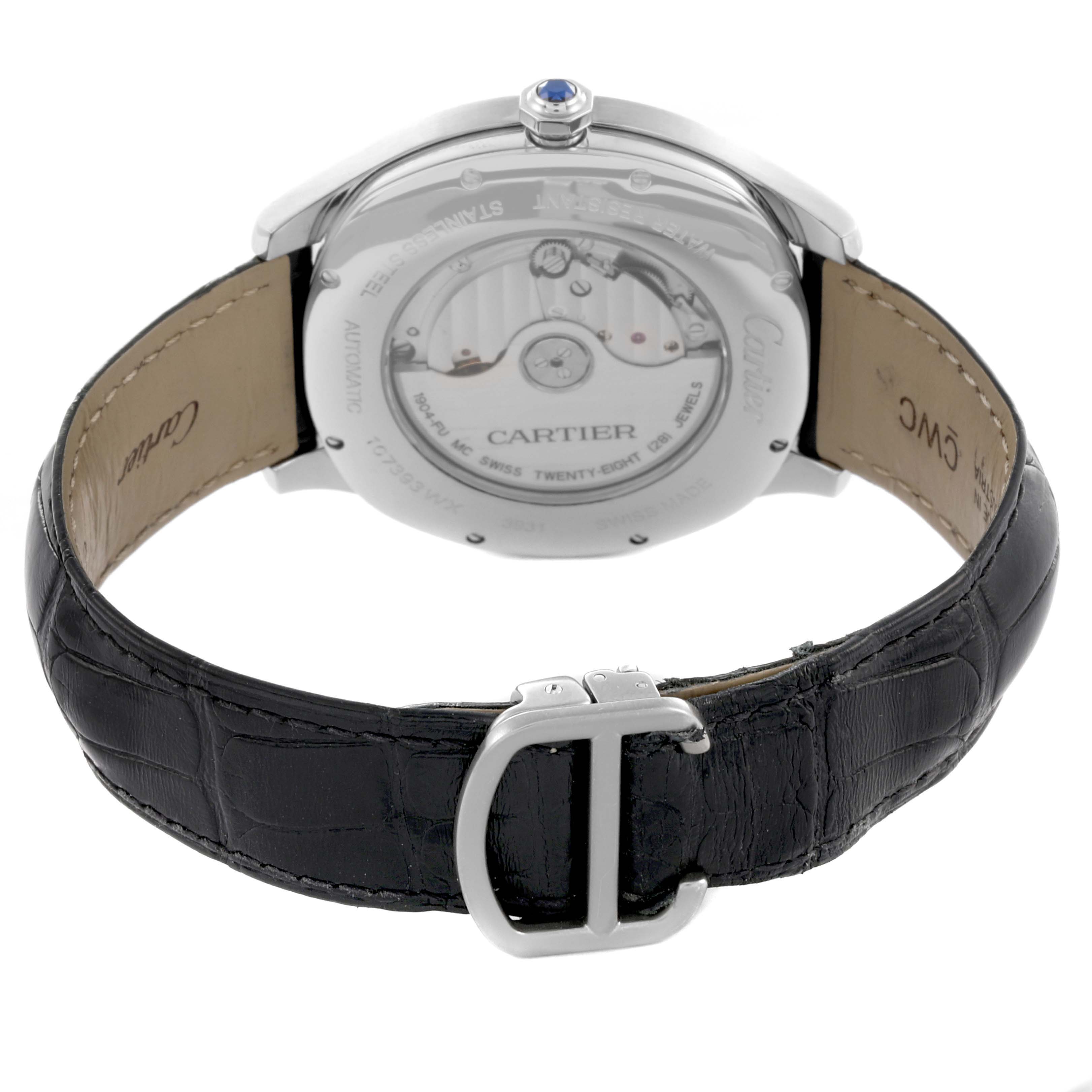 The image shows the back view of the Drive de Cartier watch, highlighting its movement and strap.