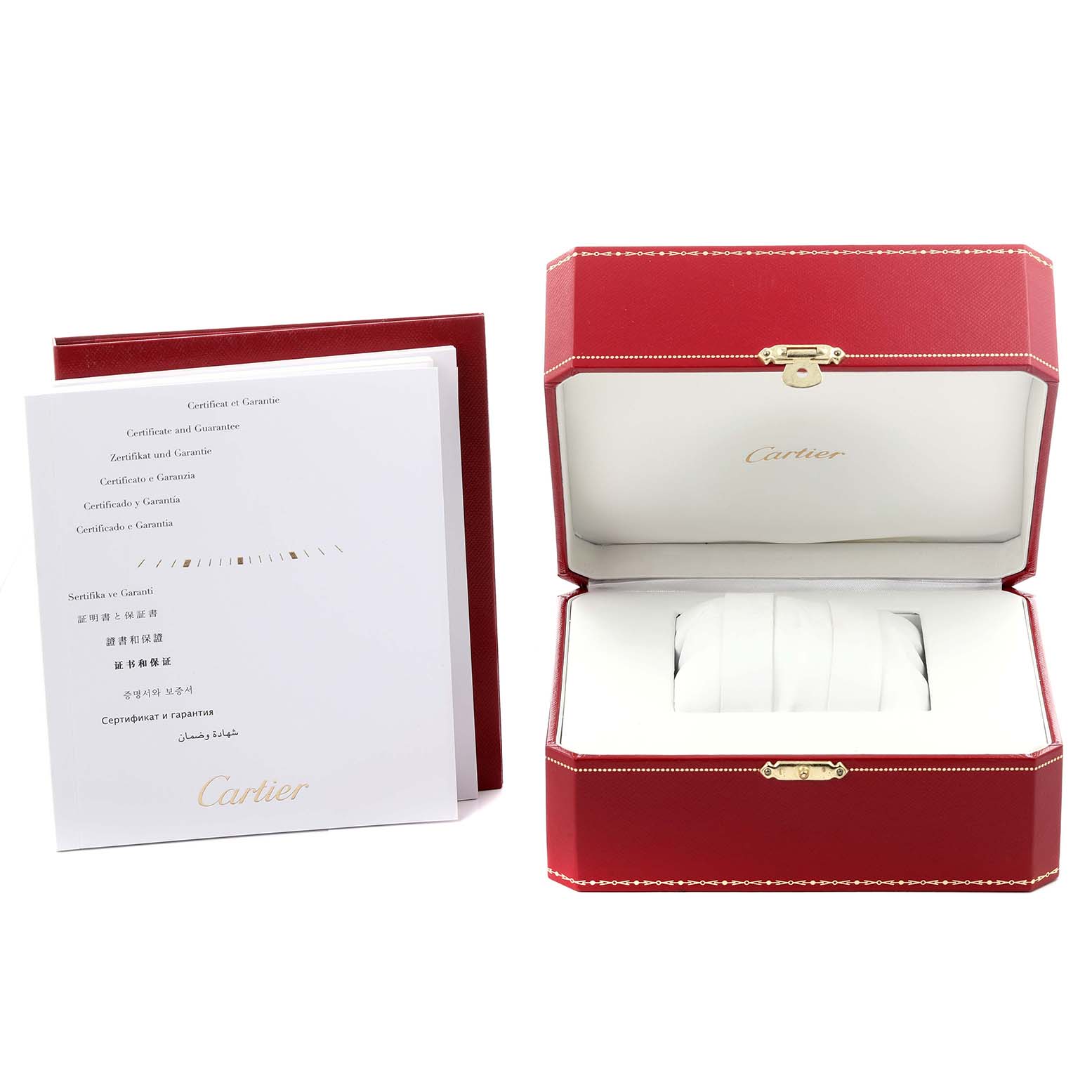 The image shows a Drive de Cartier watch box and guarantee certificates, viewed from the front.