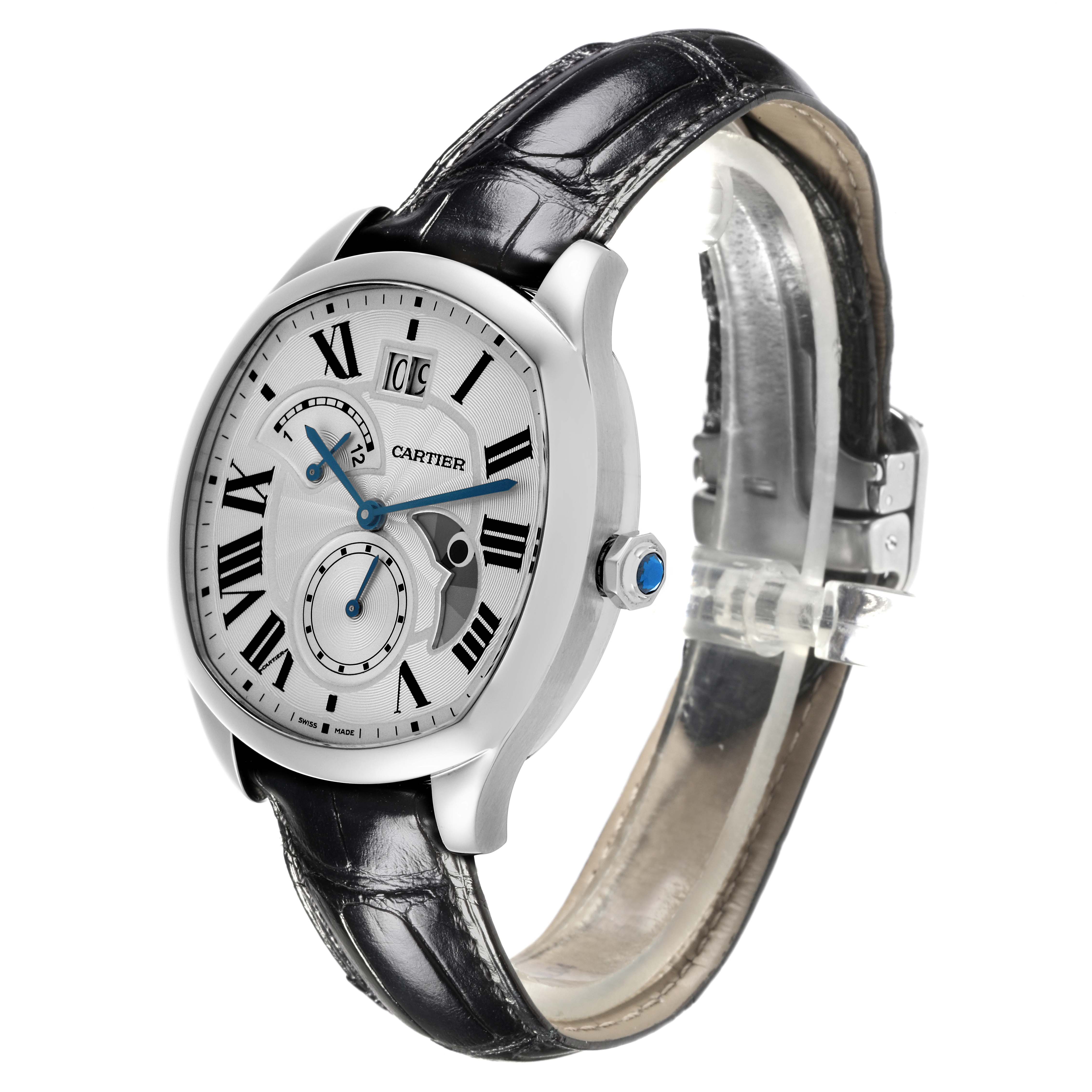 The Drive de Cartier watch by Cartier is shown at a side angle, displaying the face, crown, and part of the leather strap.