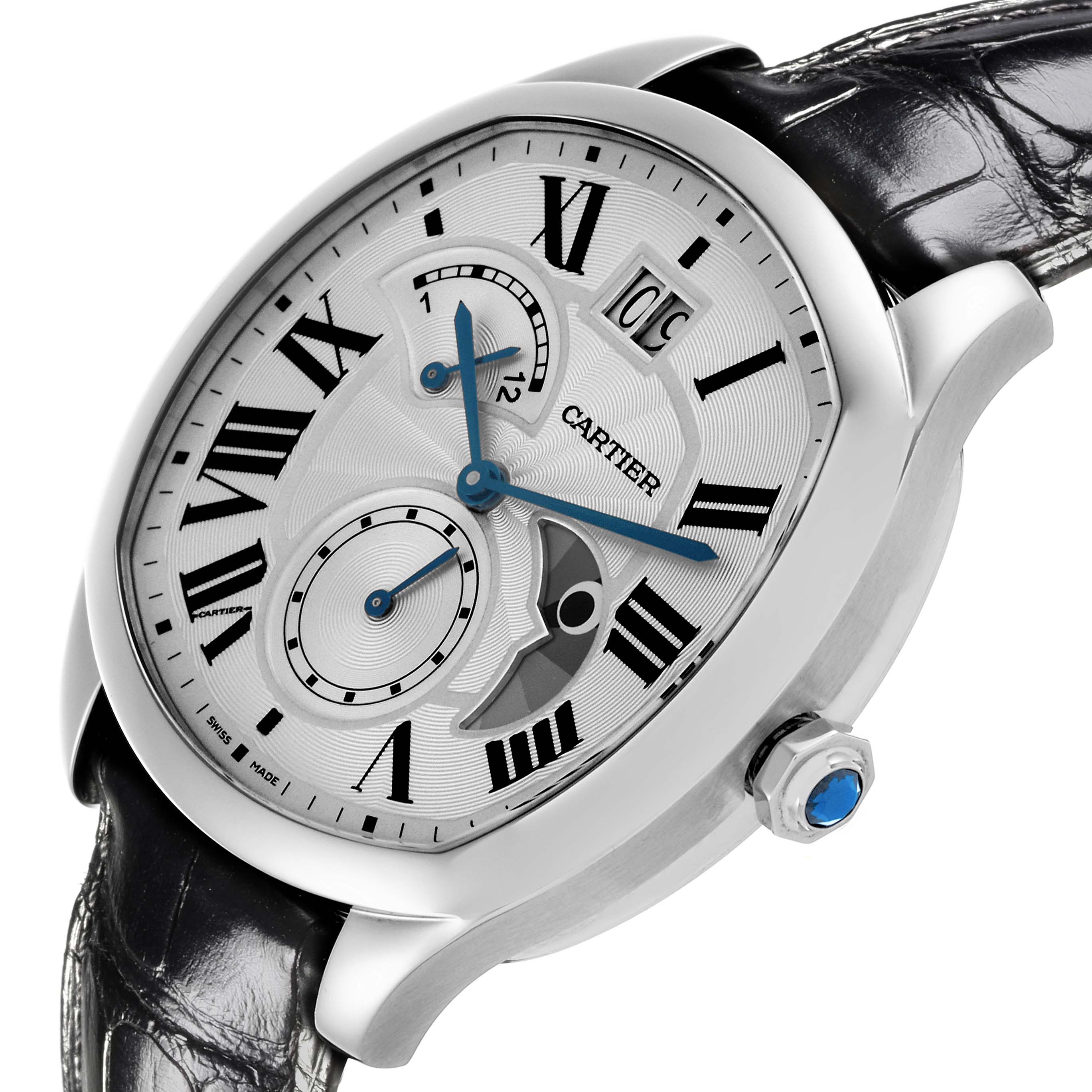 The Drive de Cartier watch is shown at an angled close-up, highlighting the face, roman numerals, hands, date window, and crown.