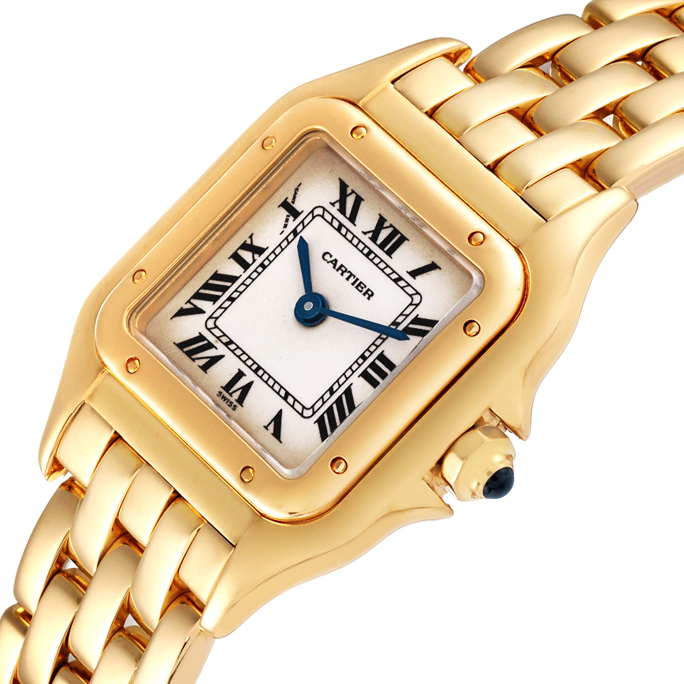 The image shows a close-up of a Cartier Panthere W25022B9 Women's Yellow Gold Silver Dial W25022B9 Women's Yellow Gold Silver Dial watch, highlighting its face, bezel, crown, and part of the bracelet.