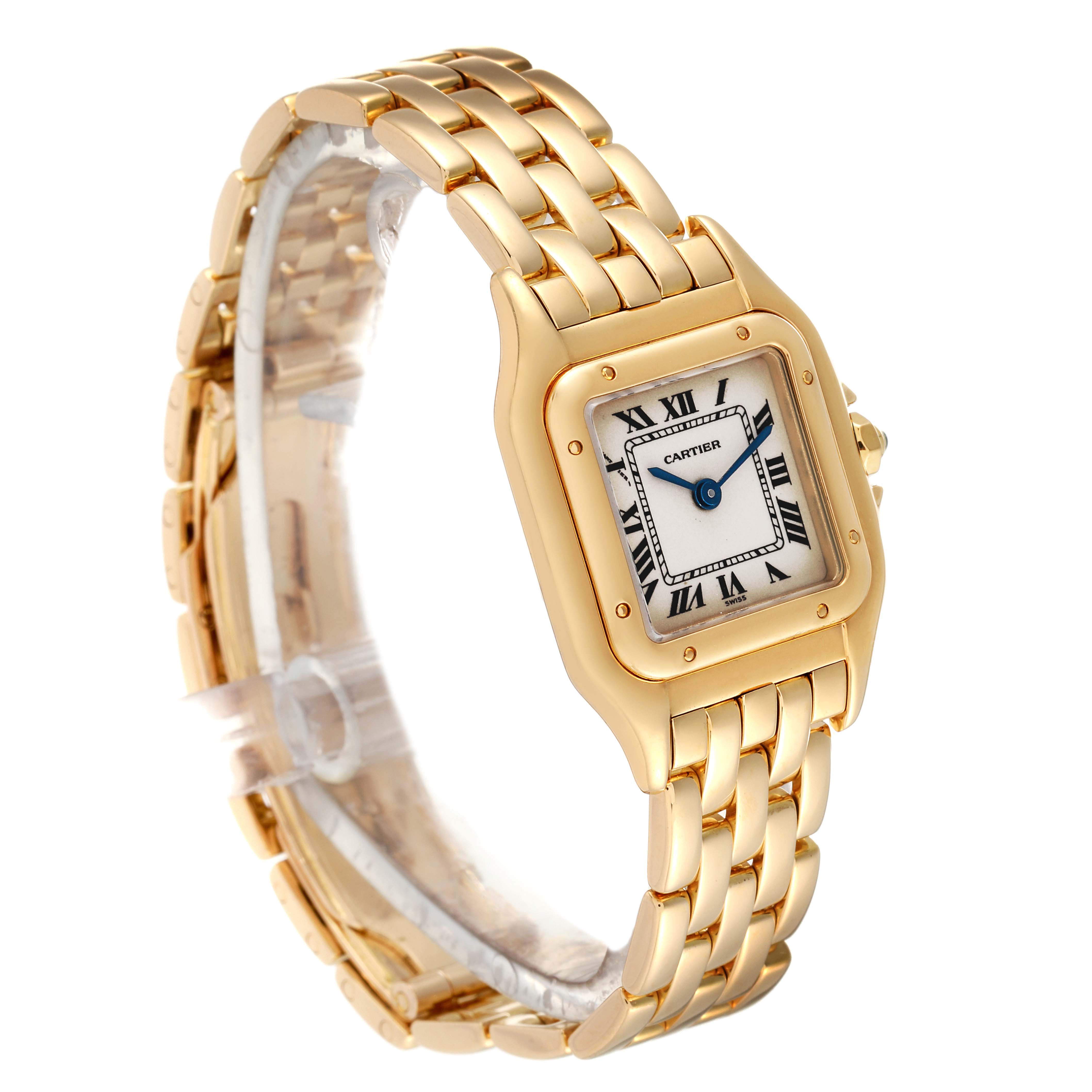 This image shows a front angle of the Cartier Panthere W25022B9 Women's Yellow Gold Silver Dial W25022B9 Women's Yellow Gold Silver Dial model watch, highlighting the face and gold bracelet.