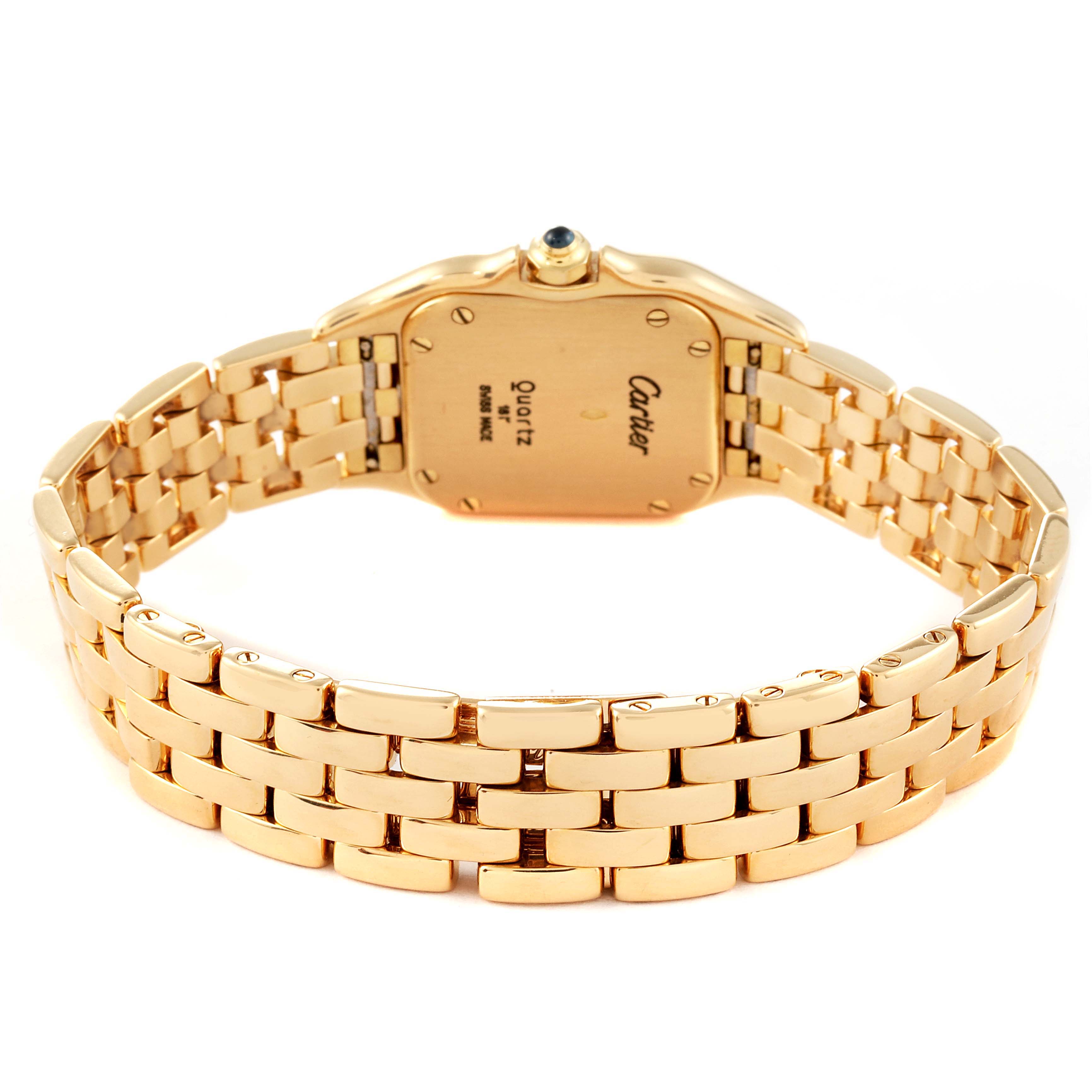 The image shows the back view of the Cartier Panthere W25022B9 Women's Yellow Gold Silver Dial W25022B9 Women's Yellow Gold Silver Dial model watch, highlighting the bracelet and case back.