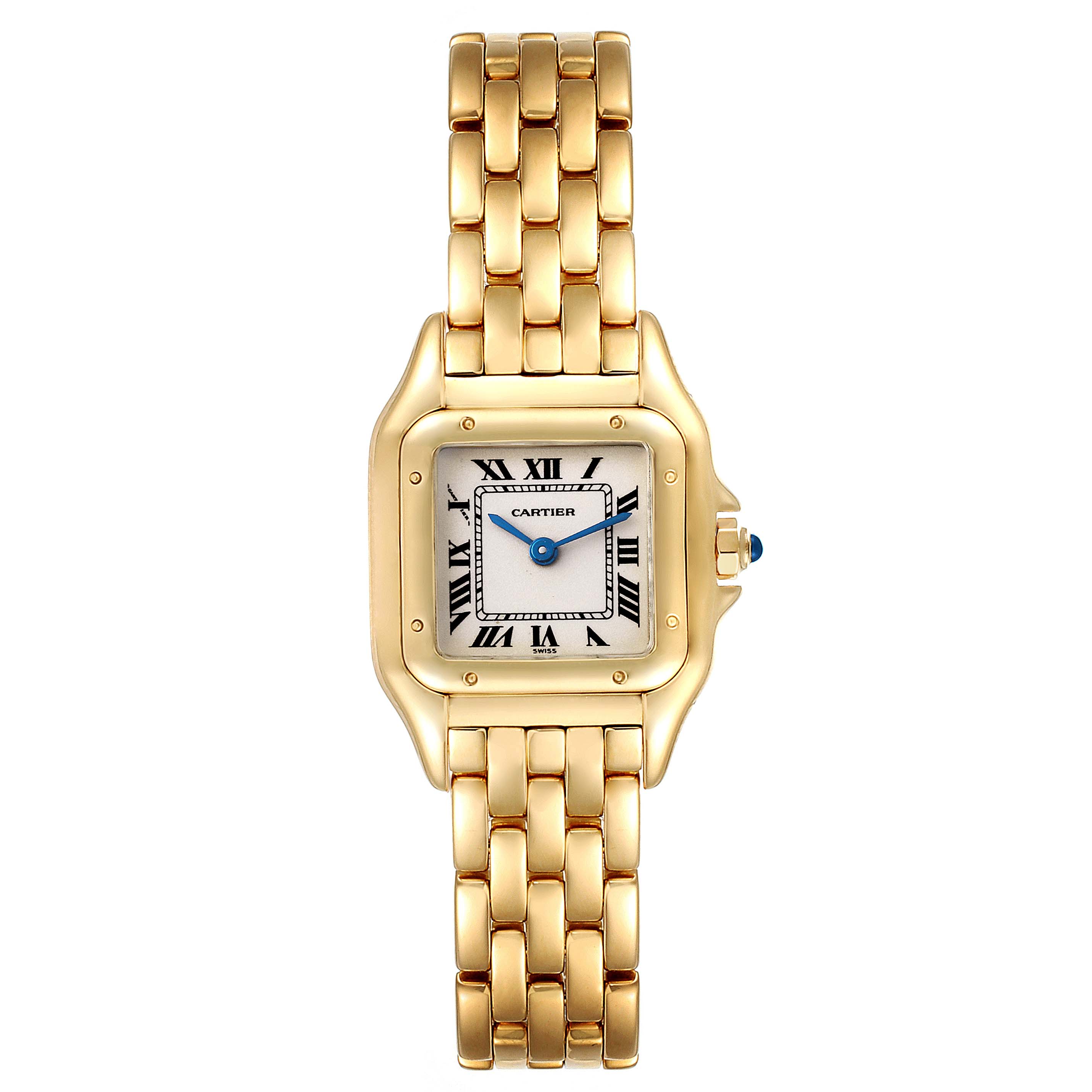 The image shows a front view of a Cartier Panthere W25022B9 Women's Yellow Gold Silver Dial W25022B9 Women's Yellow Gold Silver Dial model watch featuring a gold band, square face, and Roman numeral dial.