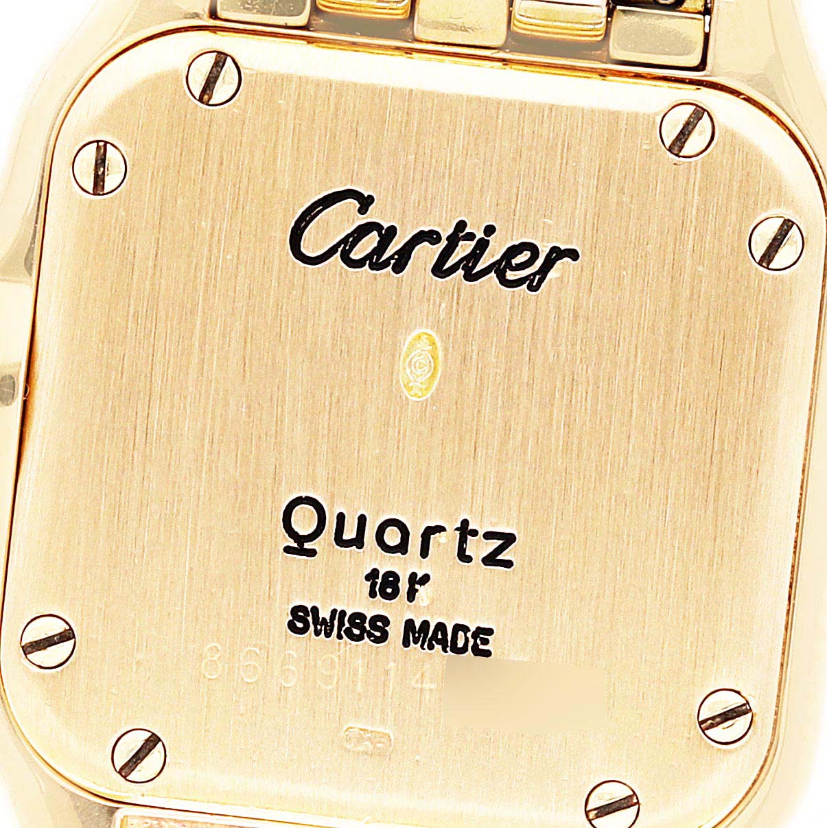 The image shows the back case of a Panthere model by Cartier, depicting screws, logo, "Quartz," and "Swiss Made."