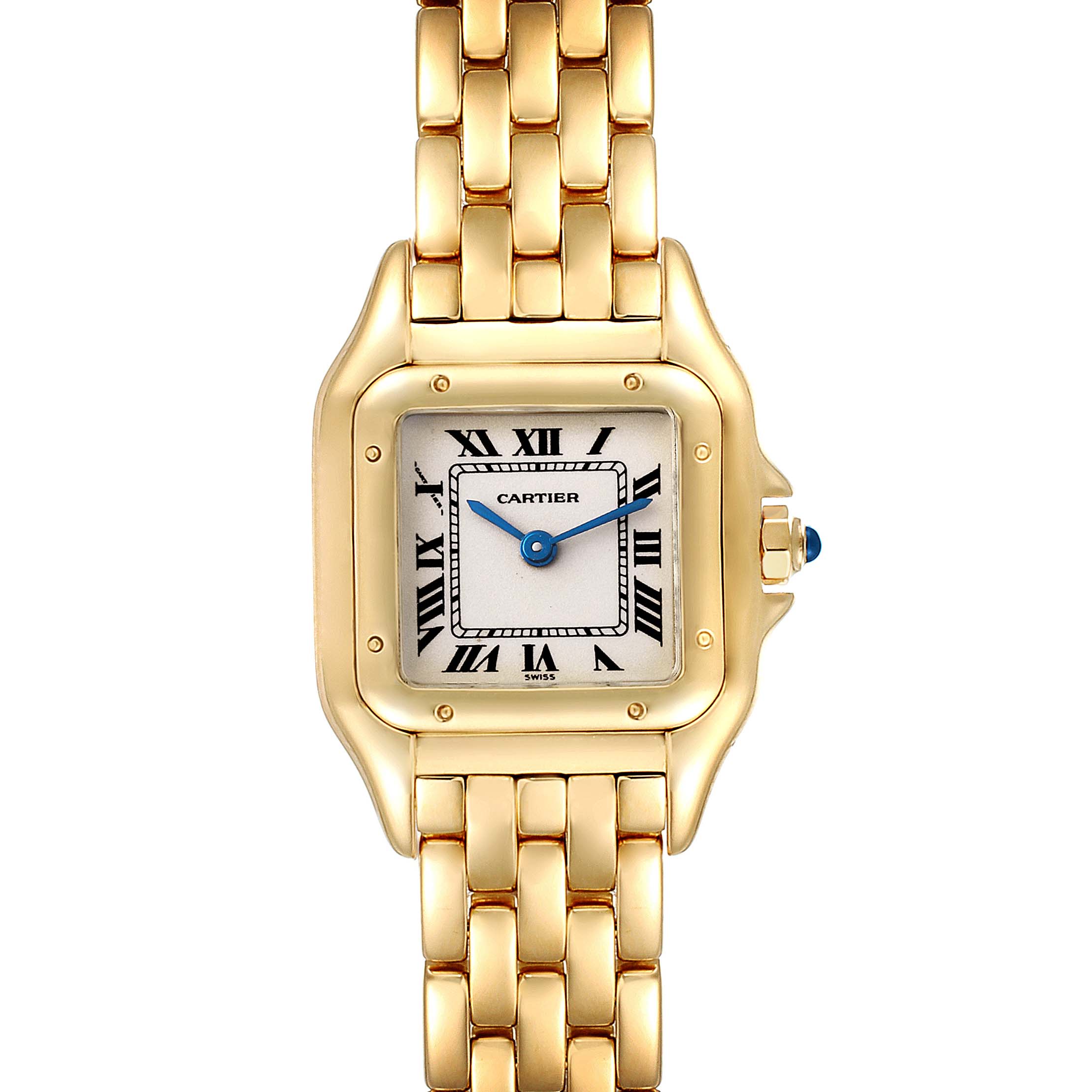 The image shows a front view of a Cartier Panthere W25022B9 Women's Yellow Gold Silver Dial W25022B9 Women's Yellow Gold Silver Dial watch, featuring its gold case, gold bracelet, and square dial with Roman numerals.
