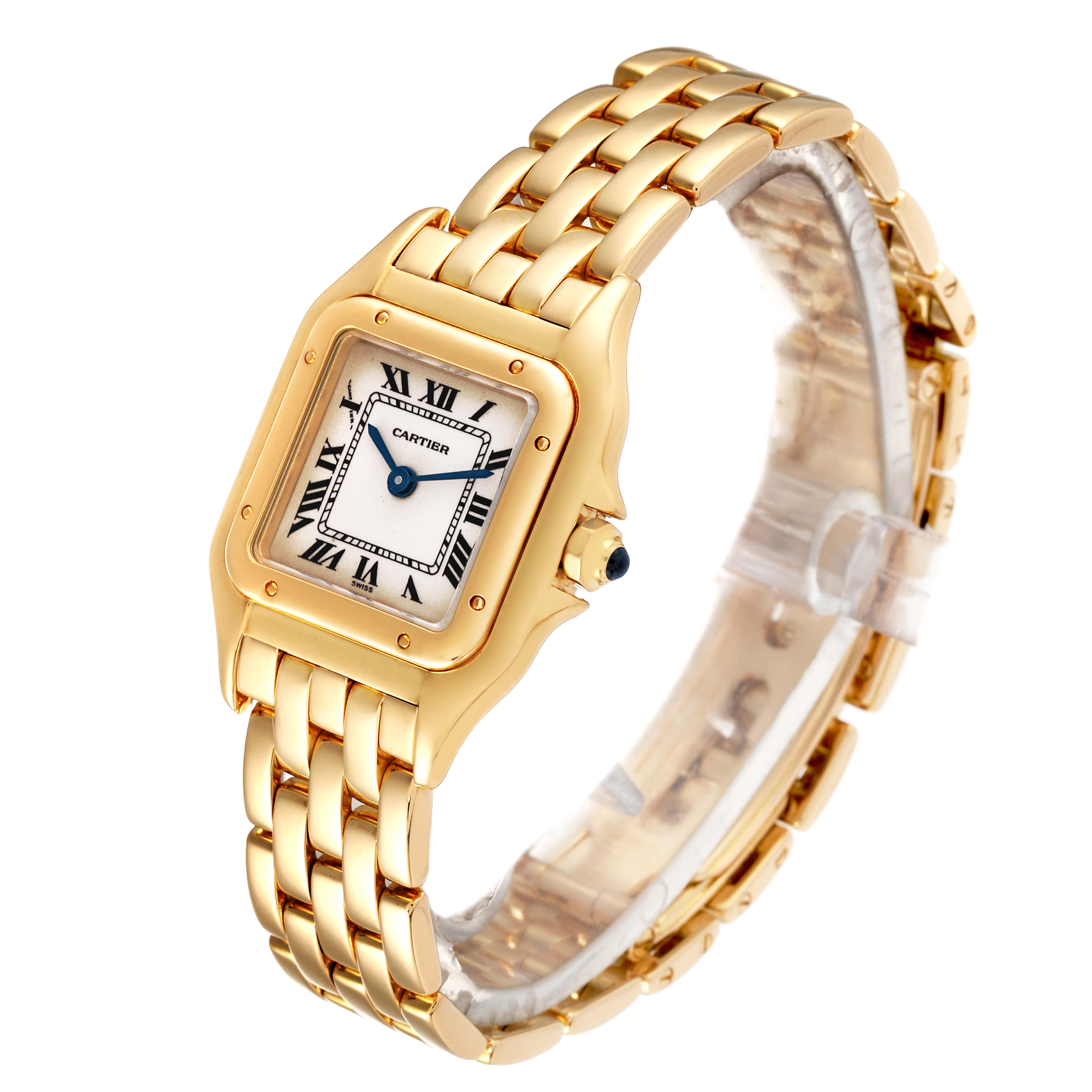 This is an angled view of a Panthere model watch by Cartier, showcasing the dial, bezel, and bracelet.