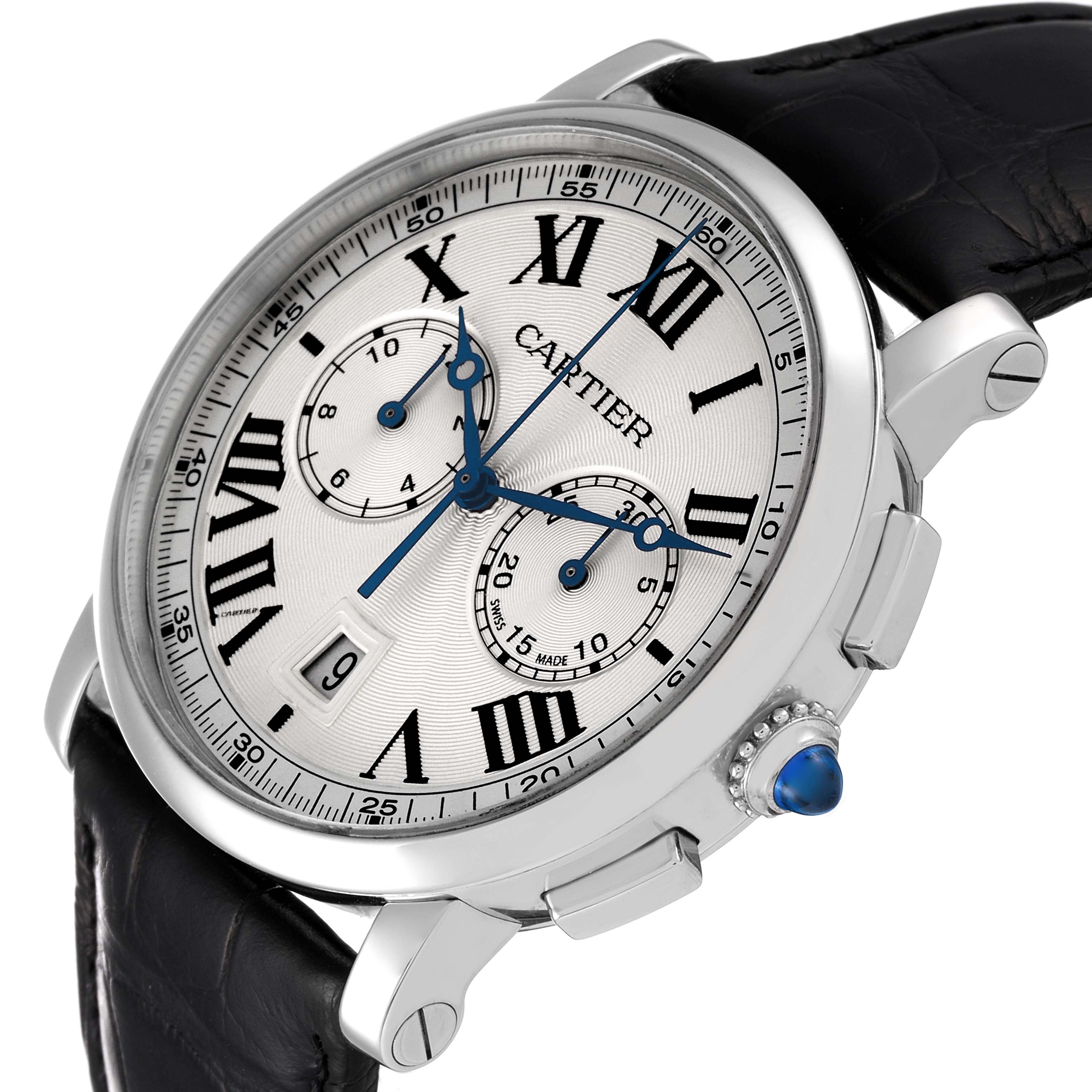 The image shows a side angle of the Cartier Rotonde WSRO0002 Men
s Stainless Steel Silver Dial WSRO0002 Men
s Stainless Steel Silver Dial watch, highlighting the face, crown, pushers, and leather strap.