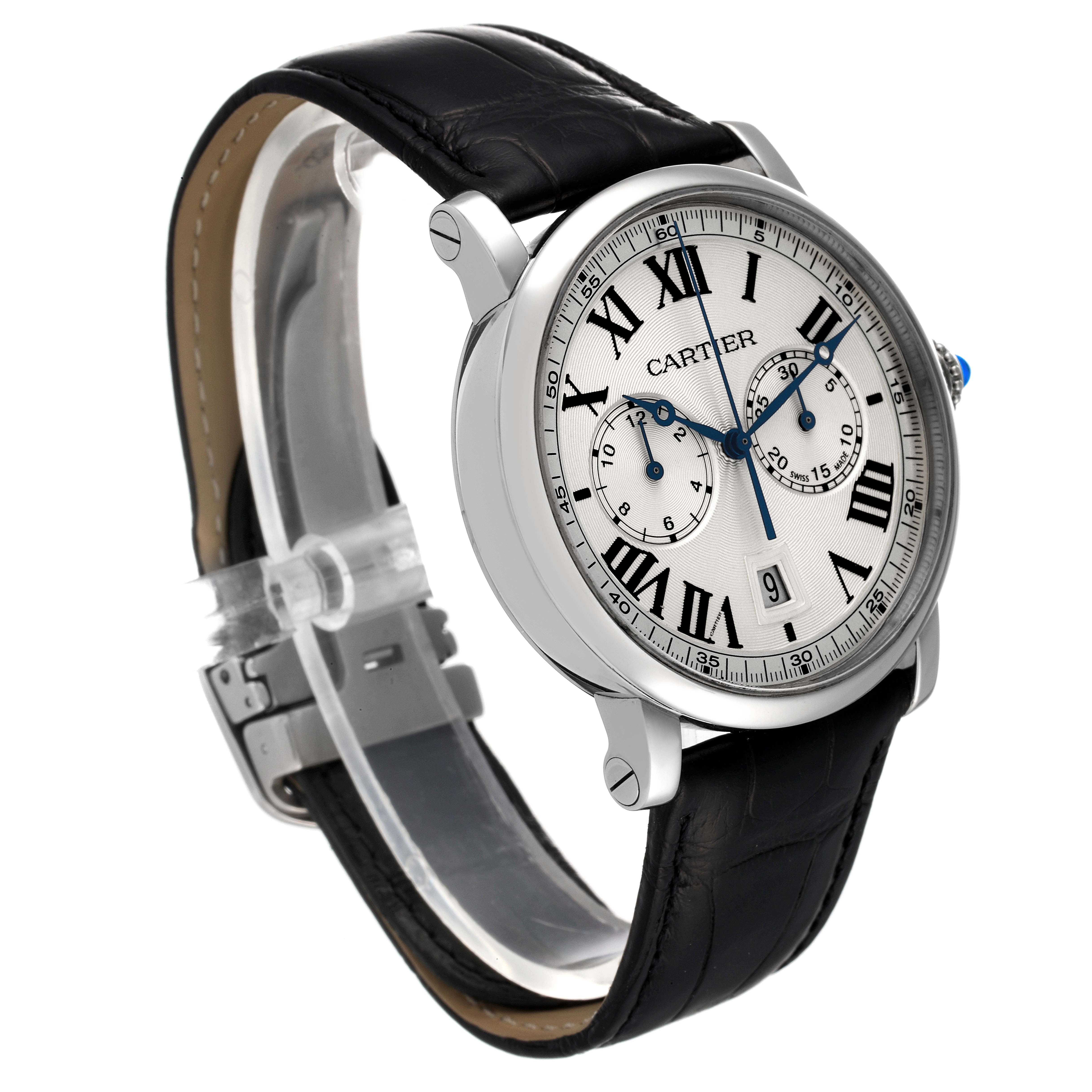 The Cartier Rotonde WSRO0002 Men
s Stainless Steel Silver Dial WSRO0002 Men
s Stainless Steel Silver Dial watch is shown from a three-quarter angle, highlighting its face, strap, and side profile.