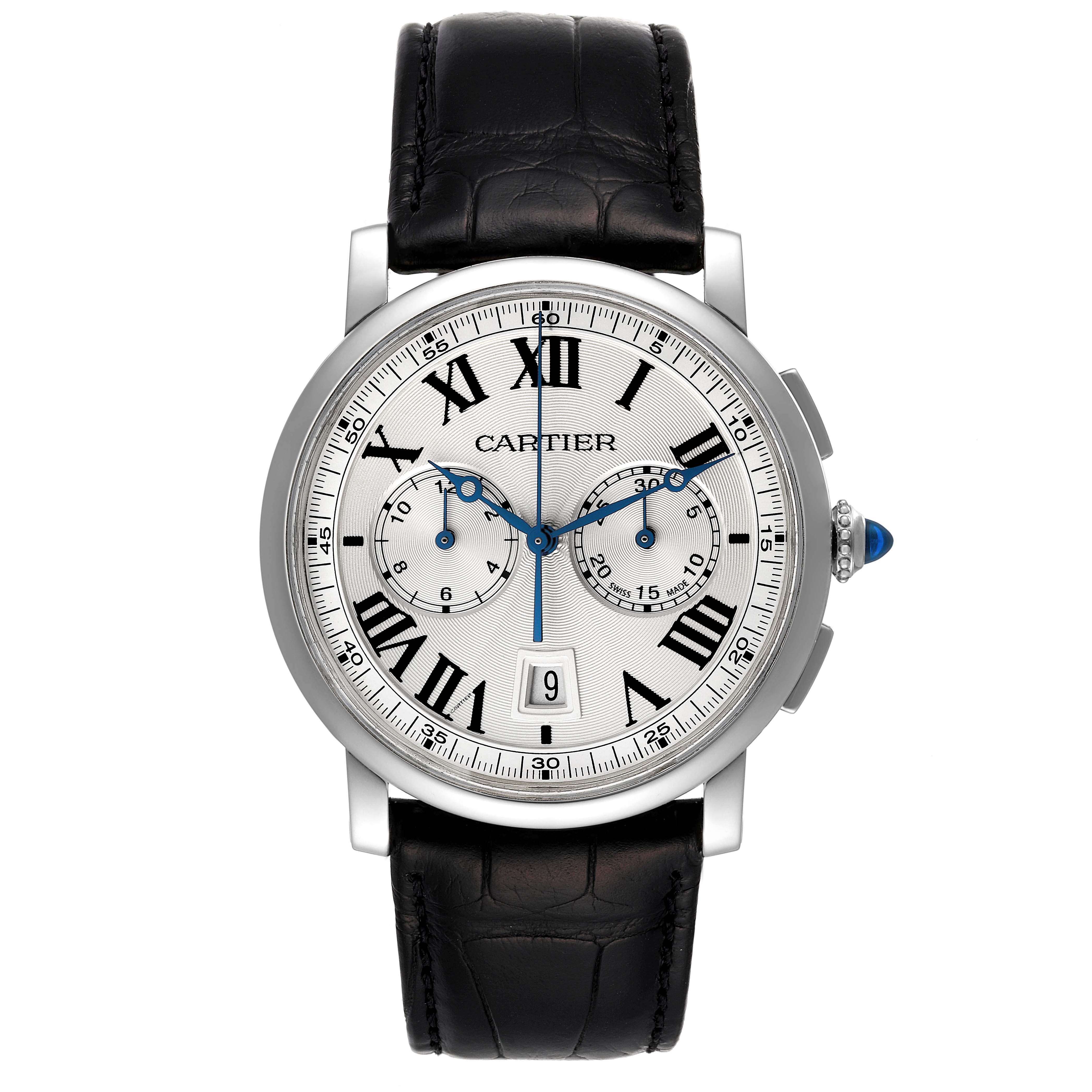 The Rotonde model by Cartier is shown from a front angle, featuring its dial, Roman numerals, sub-dials, and a black leather strap.