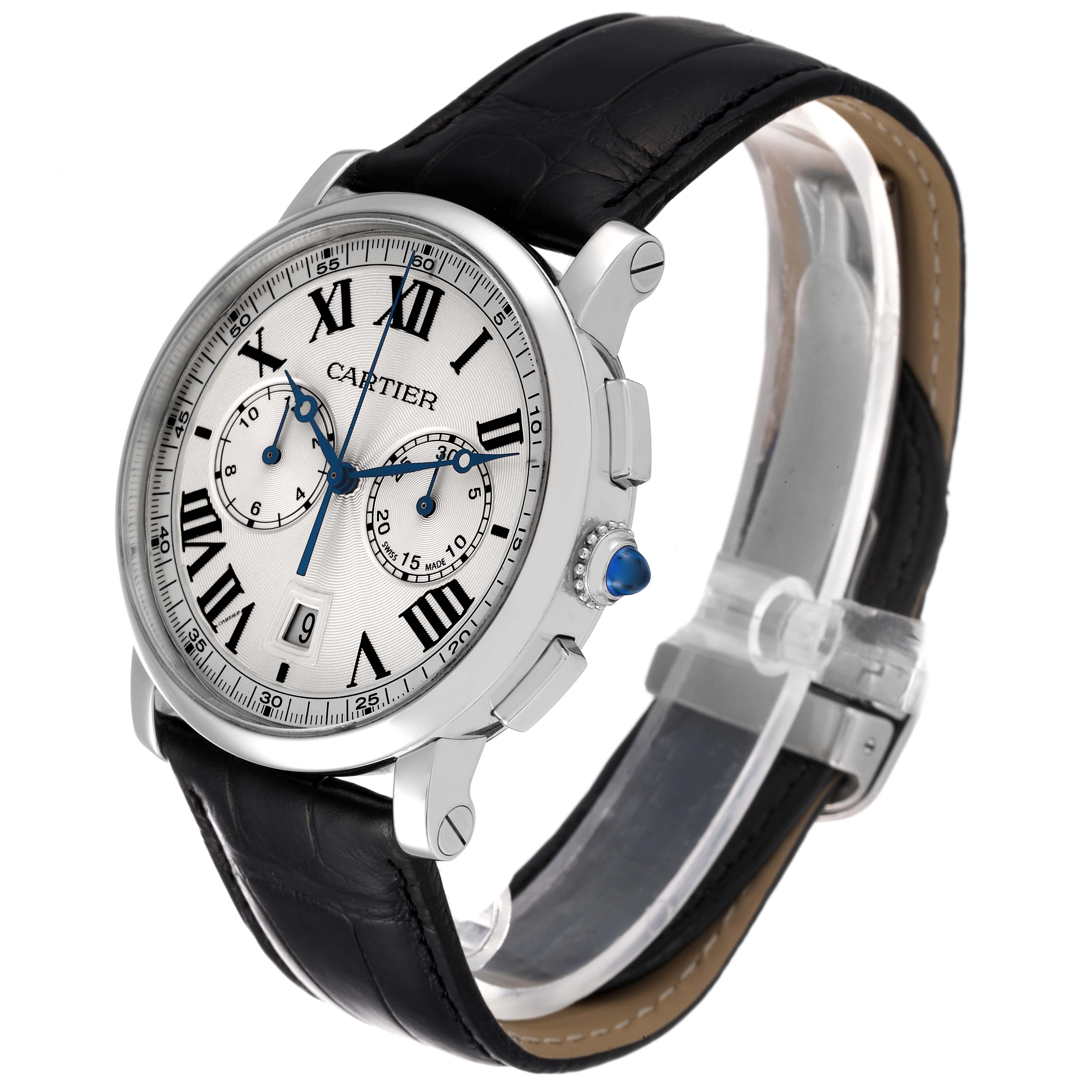 This image shows a side-angle view of the Cartier Rotonde WSRO0002 Men
s Stainless Steel Silver Dial WSRO0002 Men
s Stainless Steel Silver Dial watch, highlighting its face, crown, and leather strap.