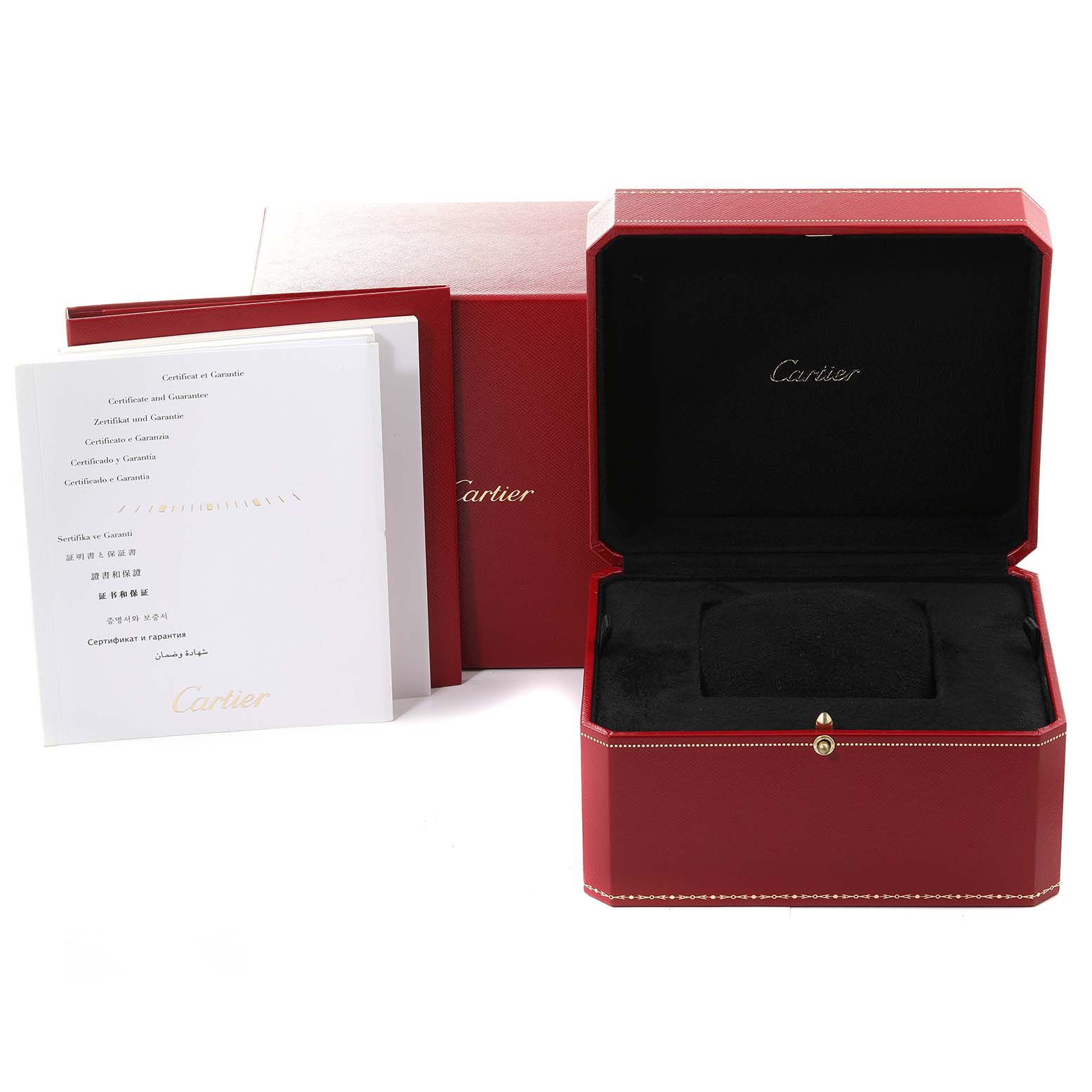 This image shows the open box and warranty papers for the Cartier Rotonde WSRO0002 Men
s Stainless Steel Silver Dial WSRO0002 Men
s Stainless Steel Silver Dial model watch.