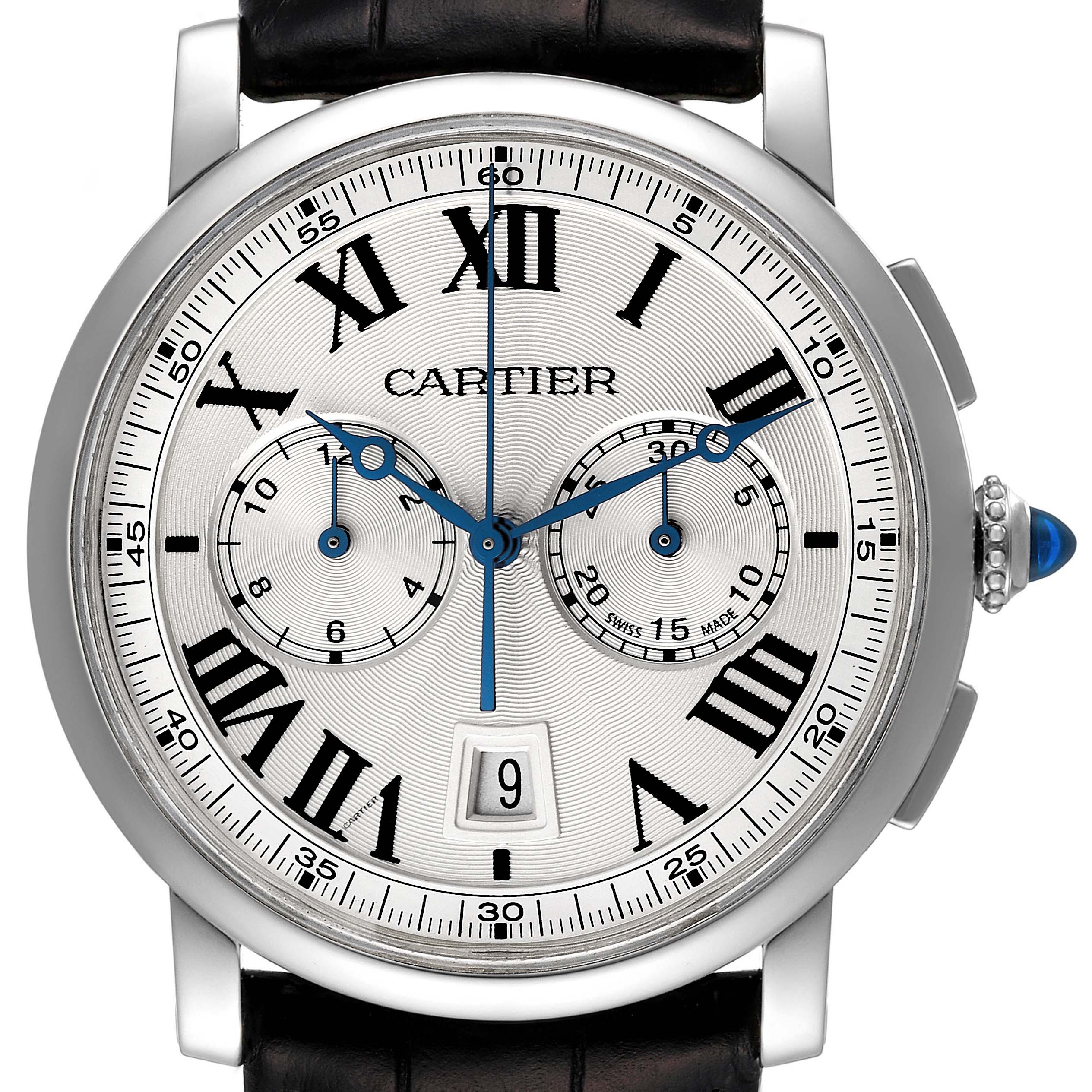 The image shows a front view of the Cartier Rotonde WSRO0002 Men
s Stainless Steel Silver Dial WSRO0002 Men
s Stainless Steel Silver Dial model watch, highlighting the dial, hands, subdials, and crown.