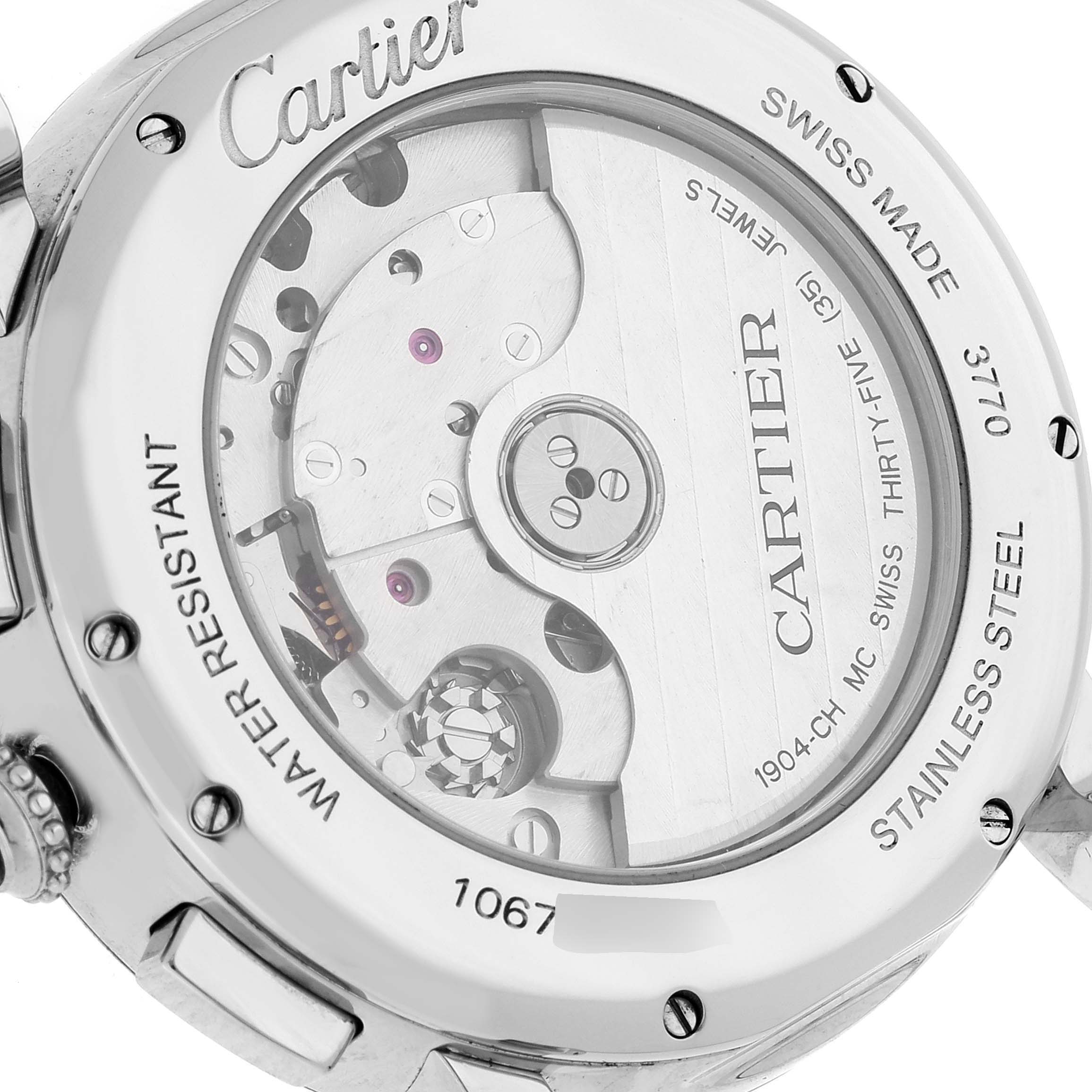 The image shows the back view of the Cartier Rotonde WSRO0002 Men
s Stainless Steel Silver Dial WSRO0002 Men
s Stainless Steel Silver Dial watch, highlighting its mechanical movement and internal components.