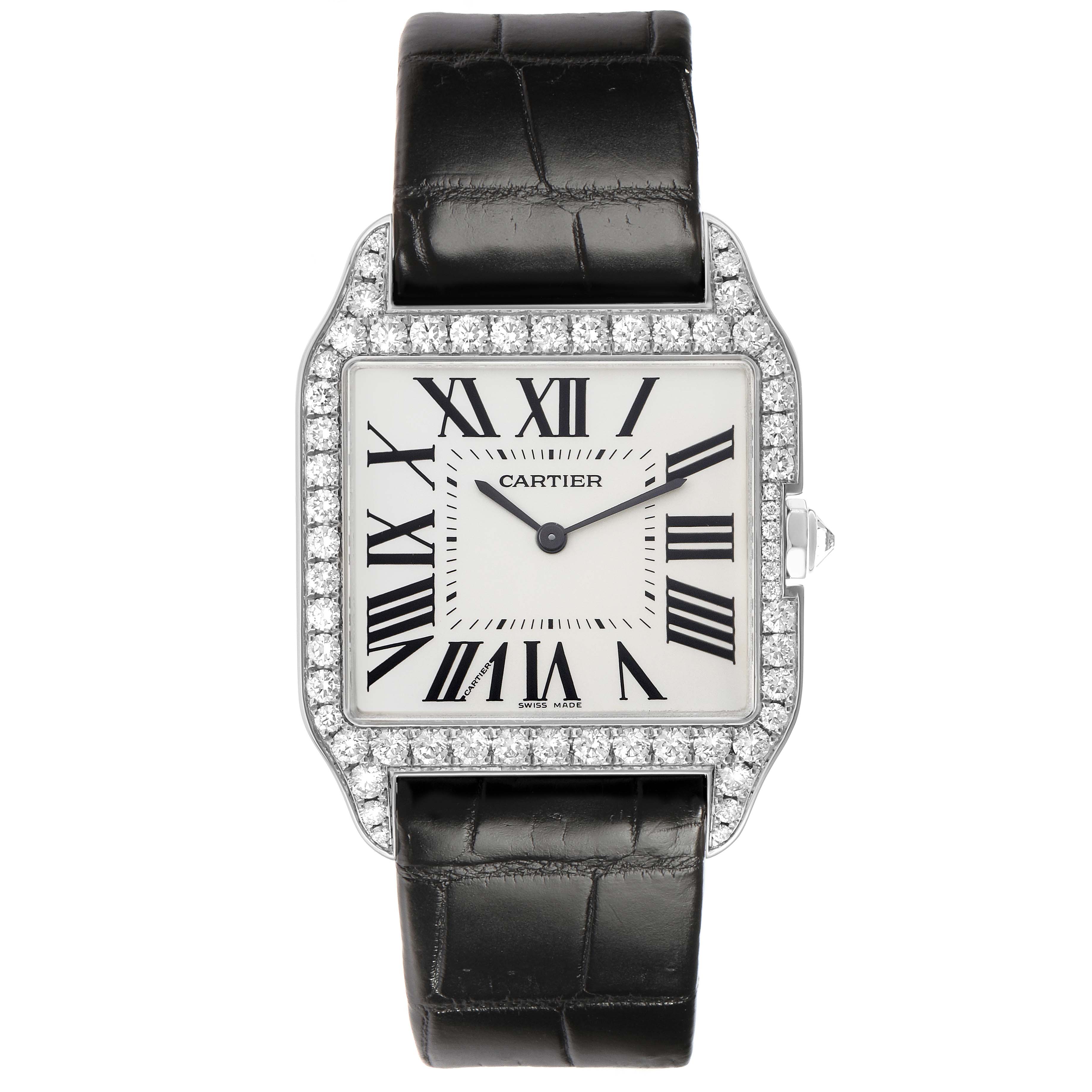 The Cartier Santos Dumont WH100651 Men's White Gold Silver Dial watch is shown from the front, highlighting its square face, Roman numerals, and diamond-encrusted bezel.