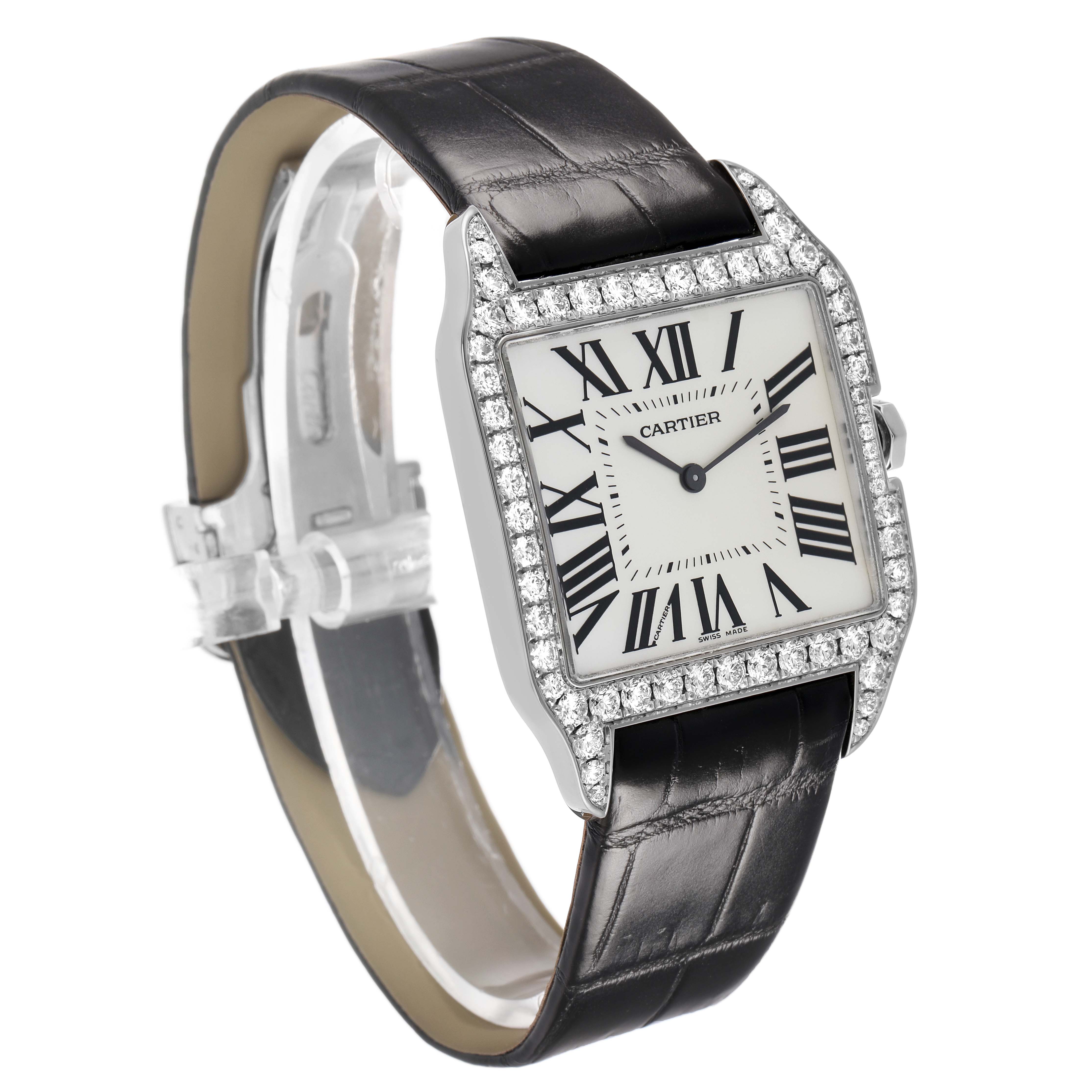 The Cartier Santos Dumont WH100651 Men's White Gold Silver Dial watch is shown at a three-quarter angle, highlighting its diamond-encrusted bezel and black leather strap.