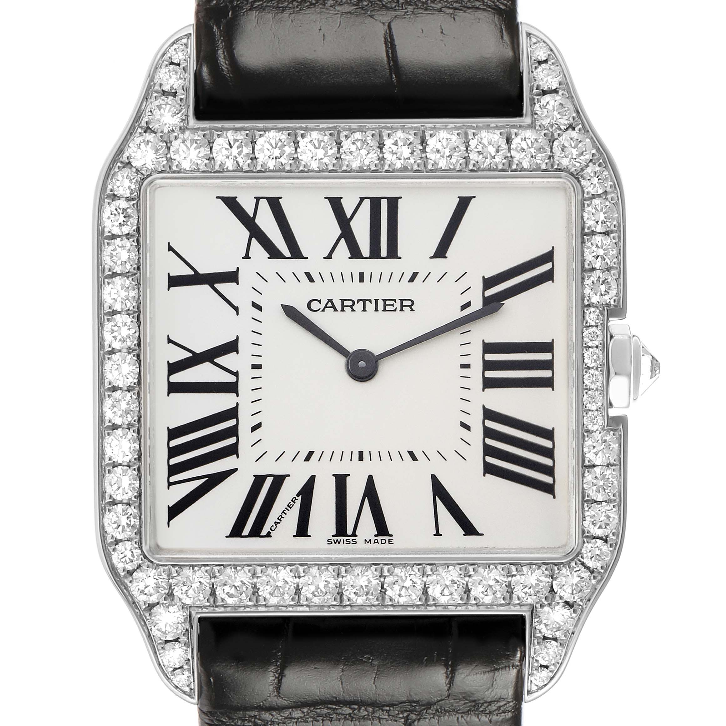 The Cartier Santos Dumont WH100651 Men's White Gold Silver Dial watch is shown from the front, highlighting the dial, diamond-set bezel, and black leather strap.
