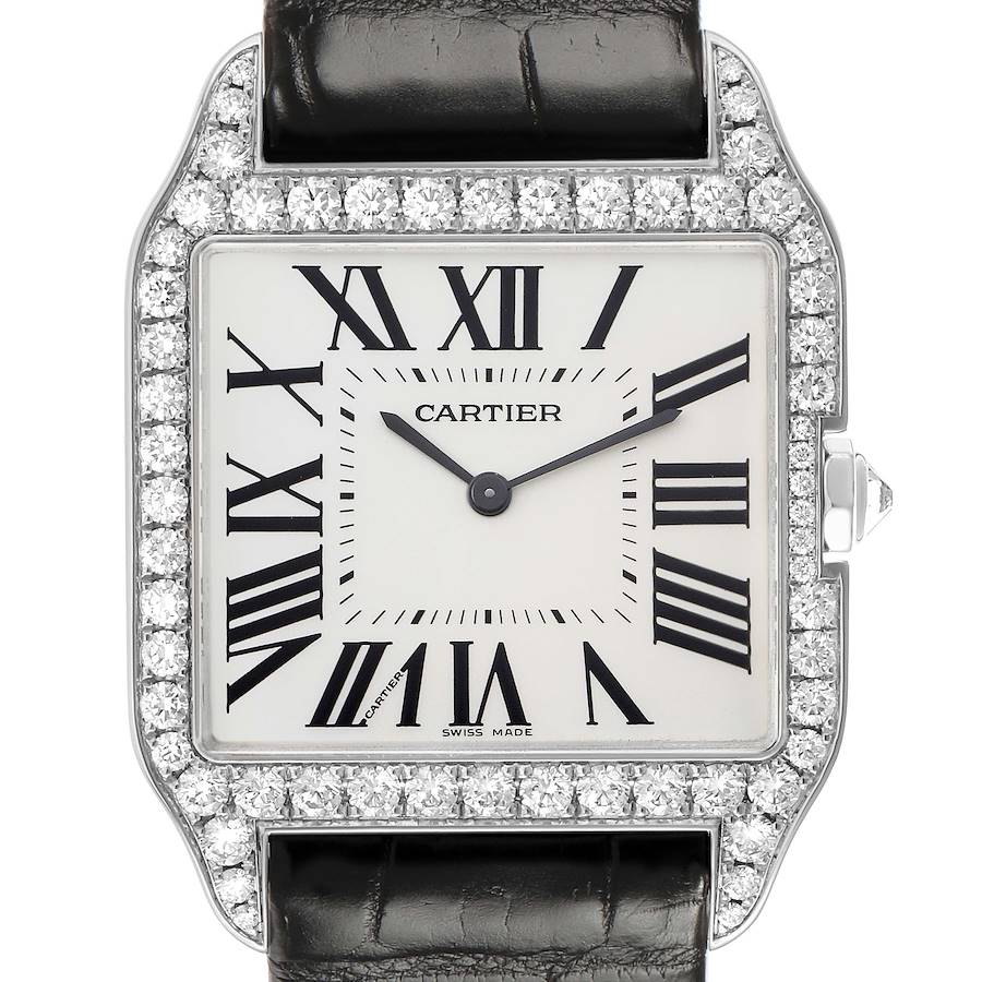 The Cartier Santos Dumont WH100651 Men's White Gold Silver Dial watch is shown from the front, highlighting the dial, diamond-set bezel, and black leather strap.