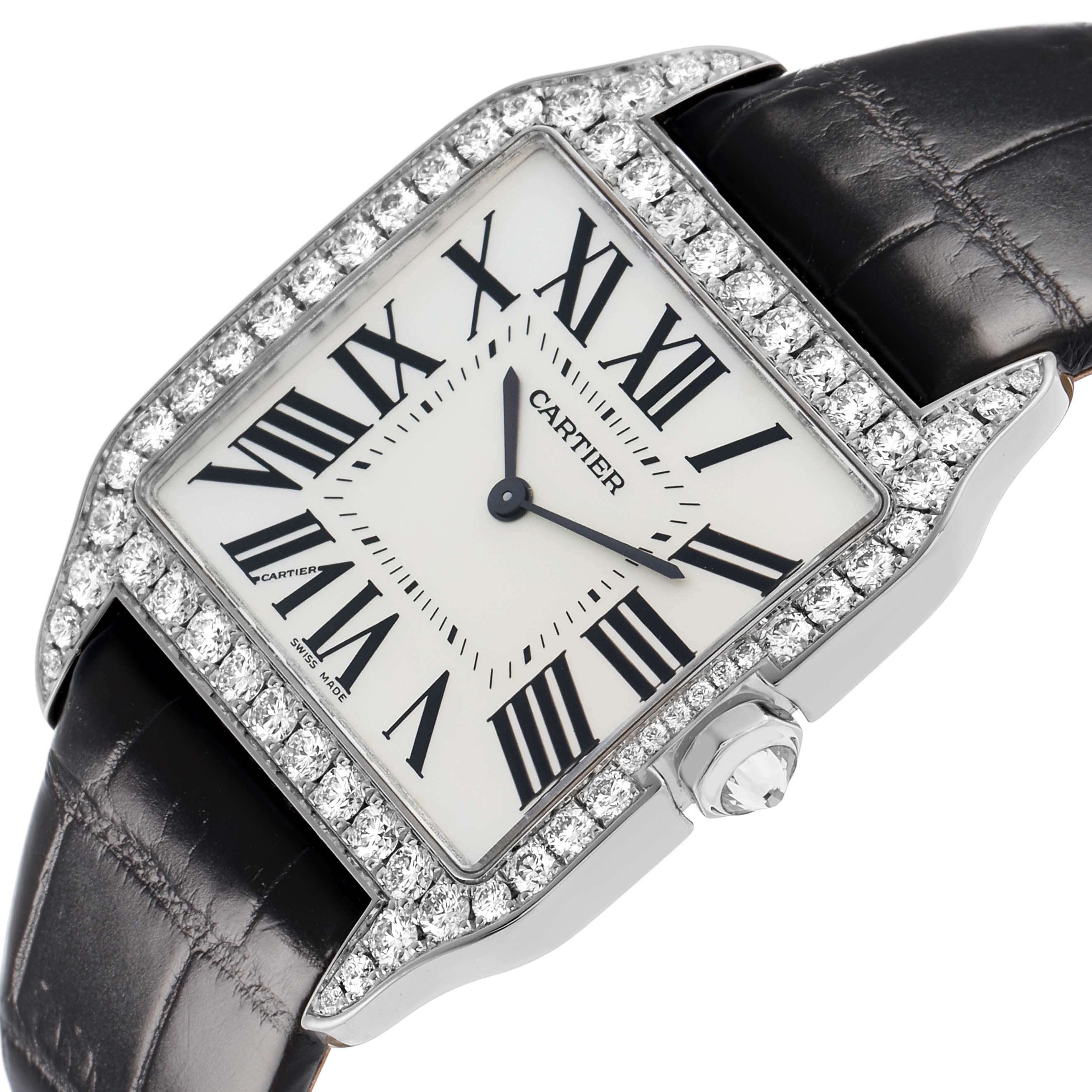 The Cartier Santos Dumont WH100651 Men's White Gold Silver Dial watch is shown at an angled view, highlighting the diamond-encrusted bezel, Roman numeral dial, and leather strap.