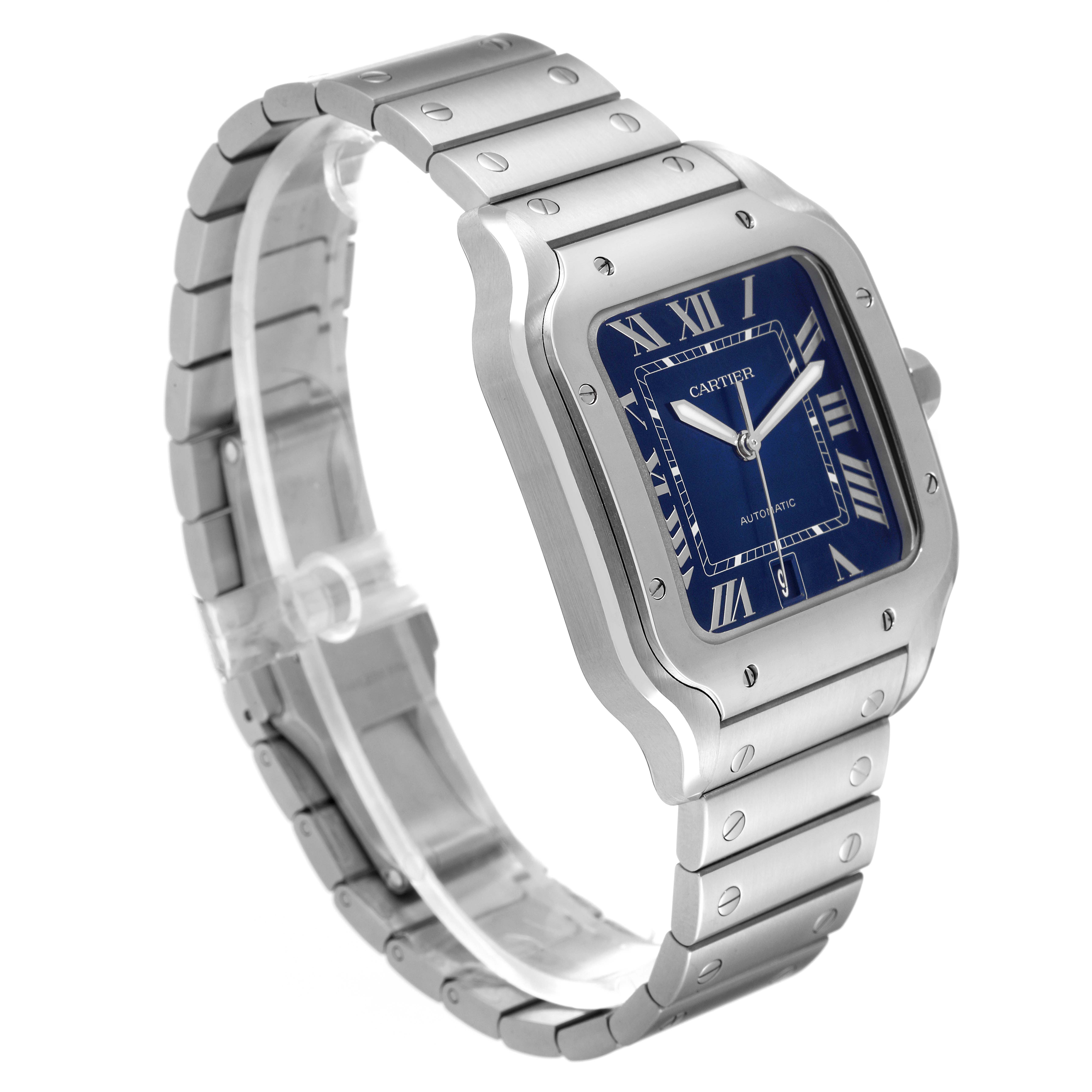 The image shows a Cartier Santos WSSA0030 Men's Stainless Steel Blue Dial WSSA0030 Men's Stainless Steel Blue Dial watch at a side angle, highlighting its blue dial, stainless steel case, and bracelet.