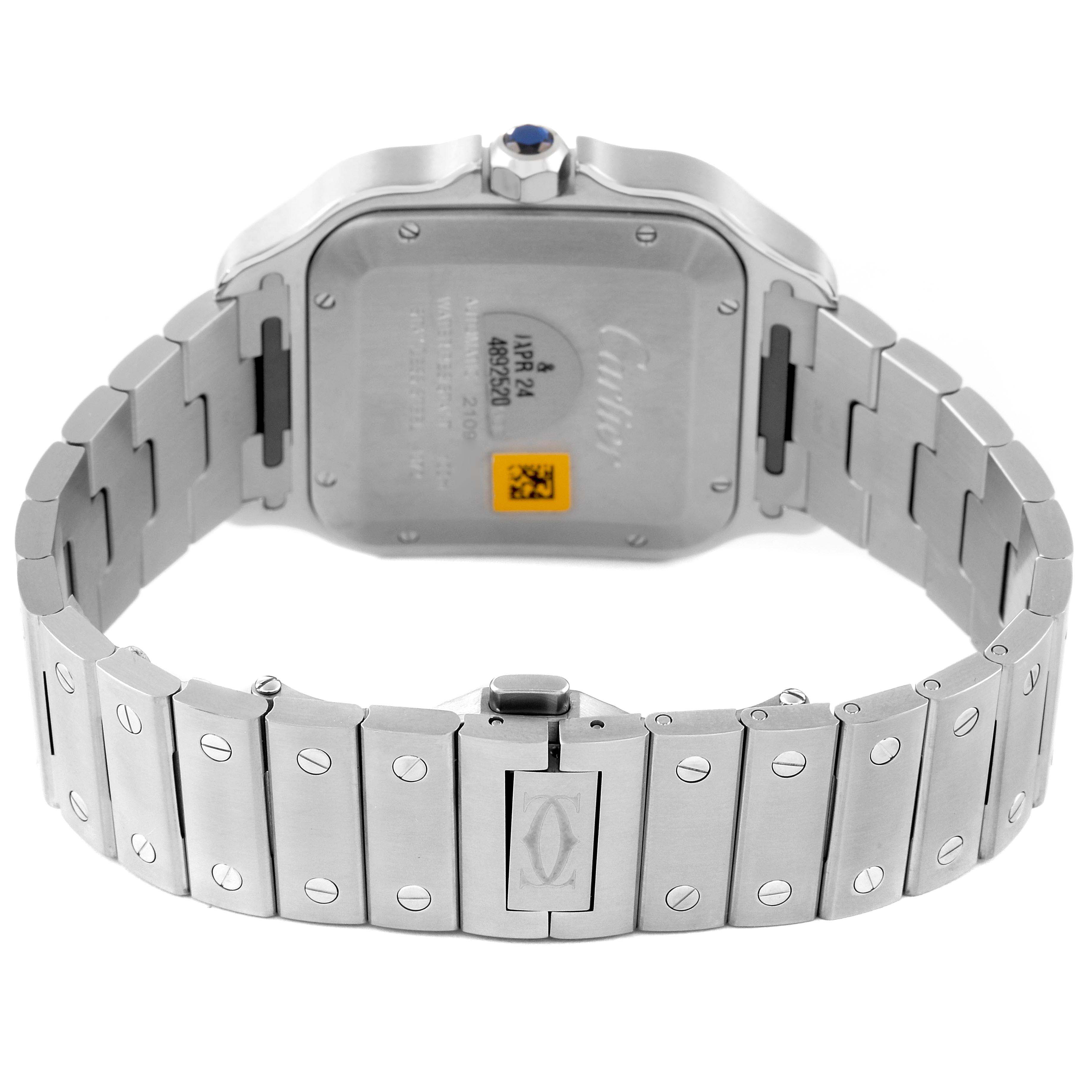This image shows the back and bracelet of a Cartier Santos WSSA0030 Men's Stainless Steel Blue Dial WSSA0030 Men's Stainless Steel Blue Dial watch at a rear angle.