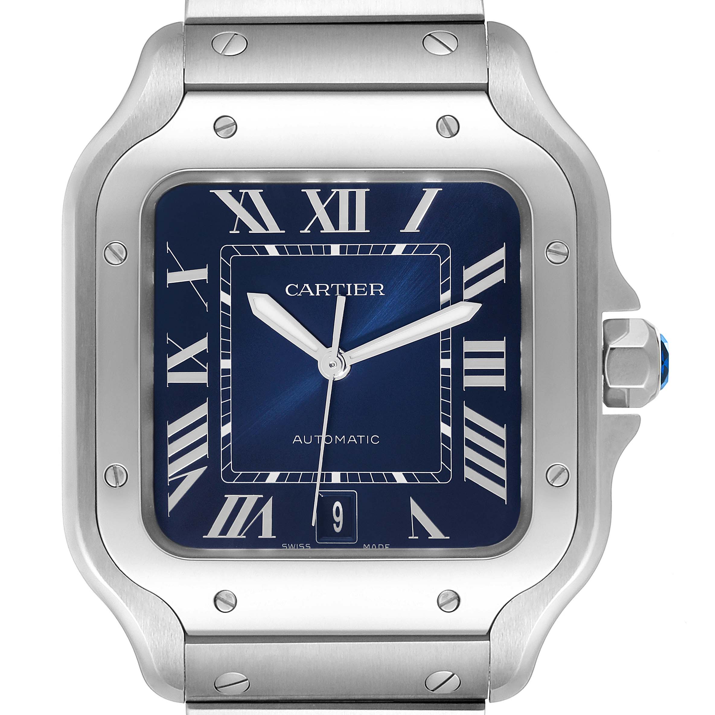 The image shows a close-up front view of the Cartier Santos WSSA0030 Men's Stainless Steel Blue Dial WSSA0030 Men's Stainless Steel Blue Dial model watch, highlighting the dial, case, and part of the bracelet.