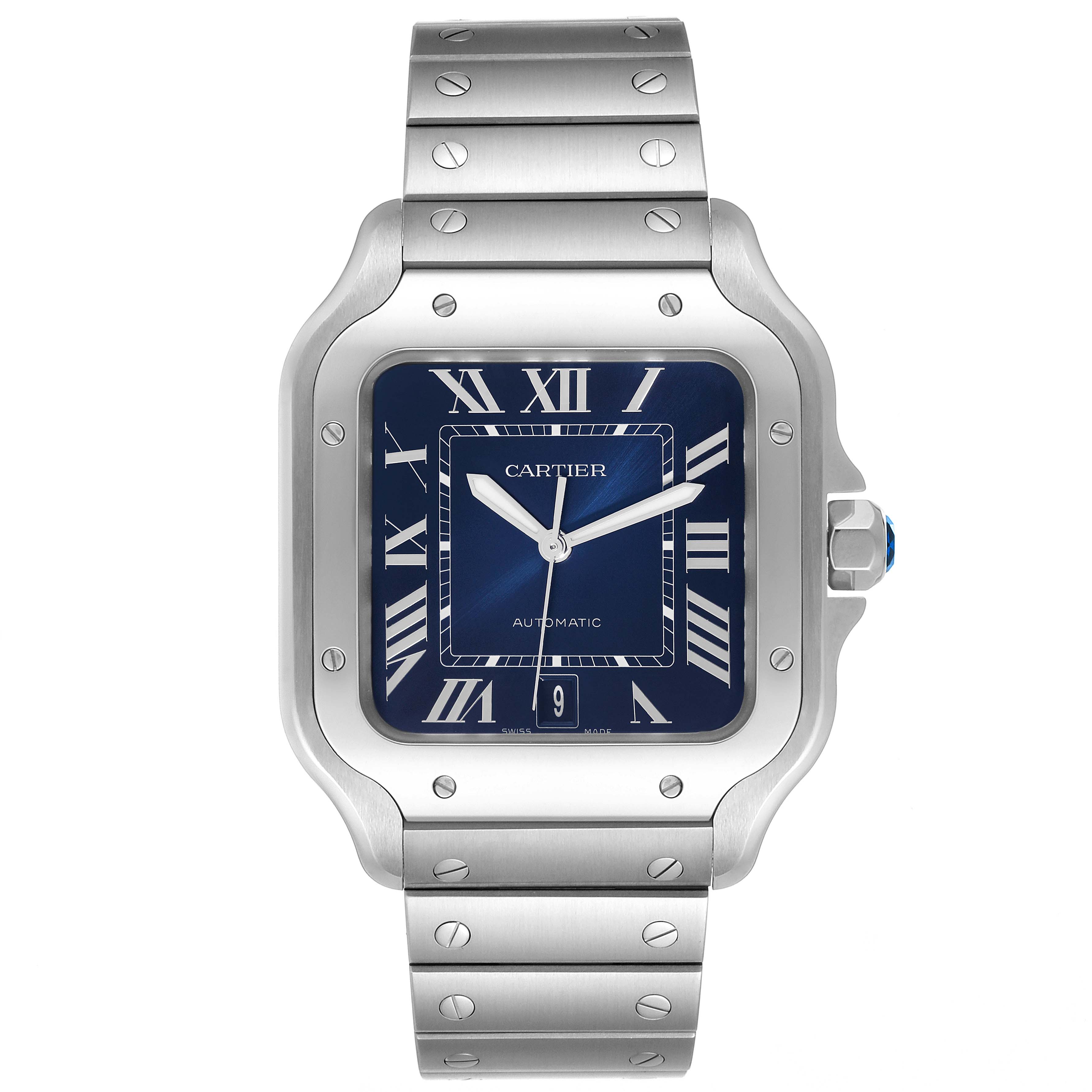 The image shows a front view of a Cartier Santos WSSA0030 Men's Stainless Steel Blue Dial WSSA0030 Men's Stainless Steel Blue Dial watch, highlighting its blue dial, Roman numerals, and metal bracelet with visible screws.