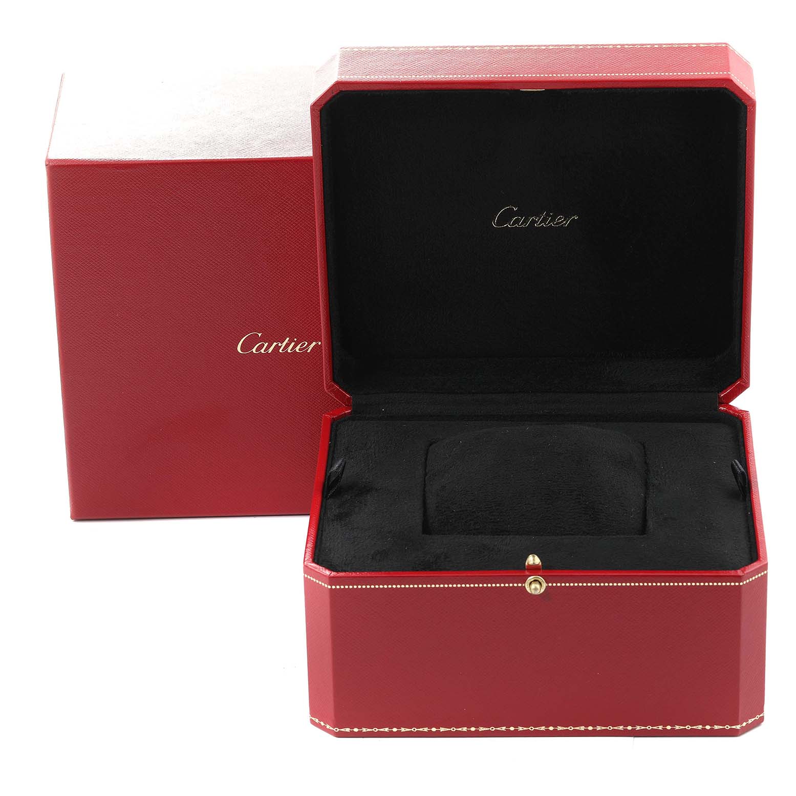 The image shows an open Cartier watch box with Cartier branding, designed for the Tank Anglaise model.