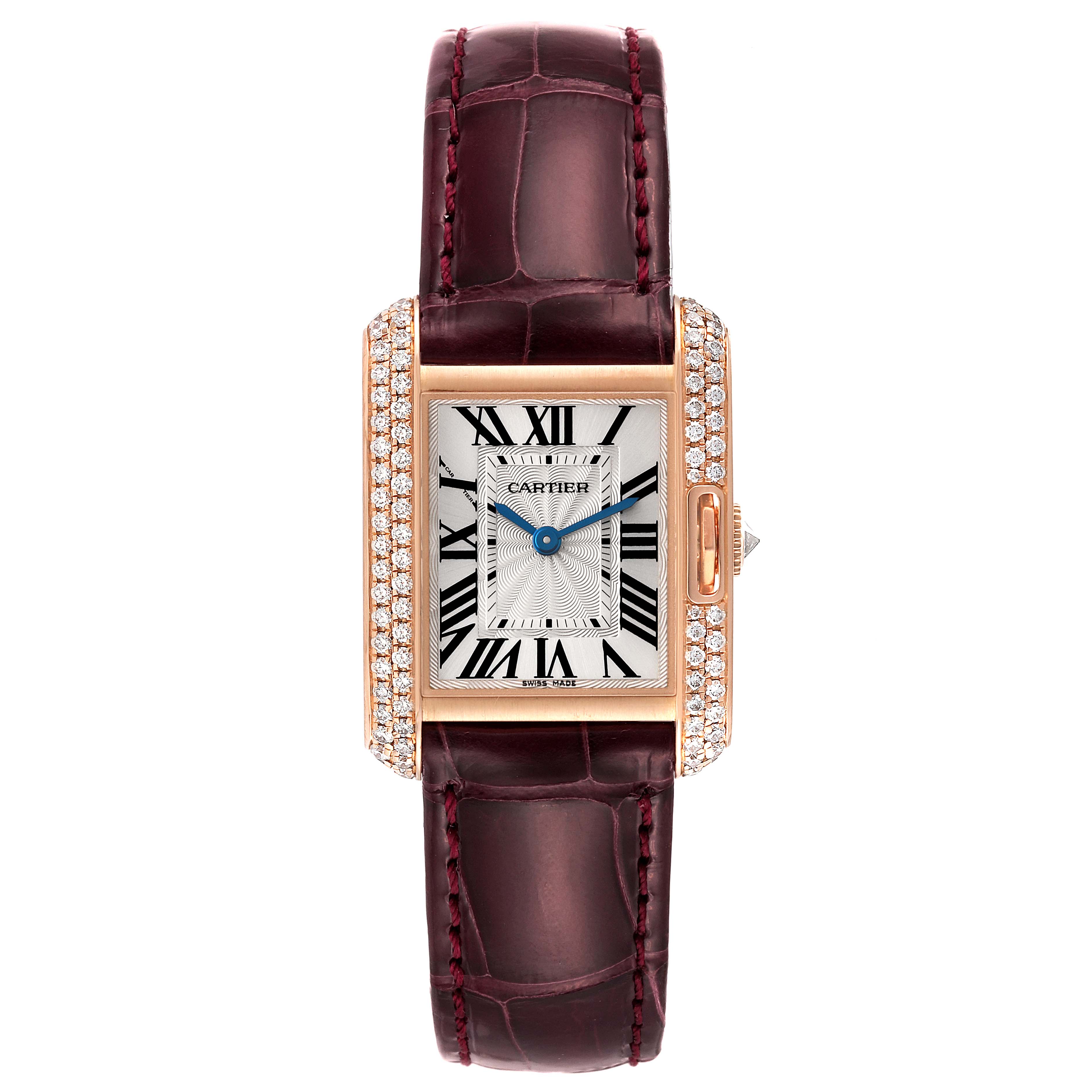 The image shows a front view of the Cartier Tank Anglaise WT100013 Women's Rose Gold Silver Dial WT100013 Women's Rose Gold Silver Dial watch with a diamond-studded bezel and a brown leather strap.