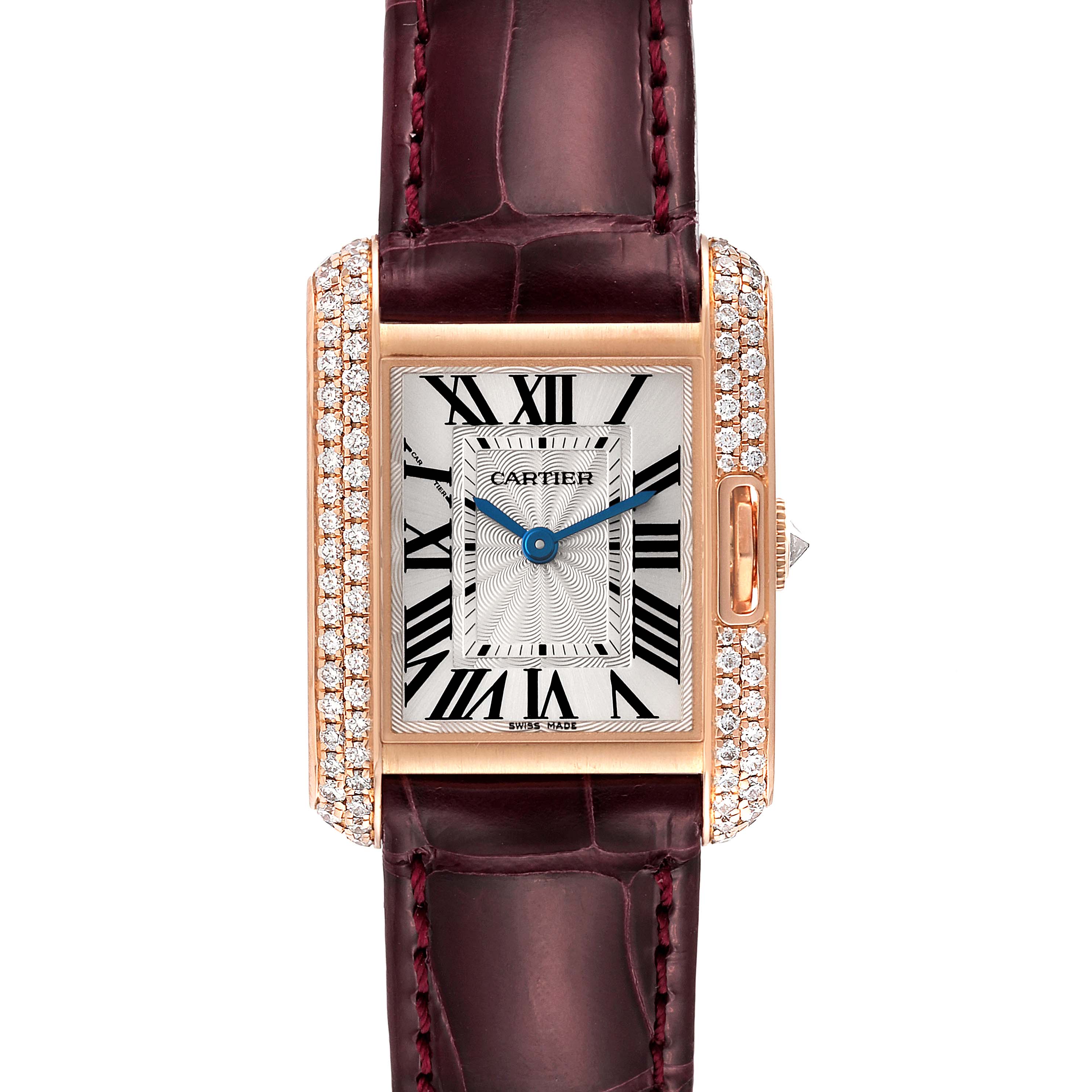 This Cartier Tank Anglaise WT100013 Women's Rose Gold Silver Dial WT100013 Women's Rose Gold Silver Dial watch is shown from the front, featuring its rectangular face, roman numeral dial, pink gold case, and leather strap.