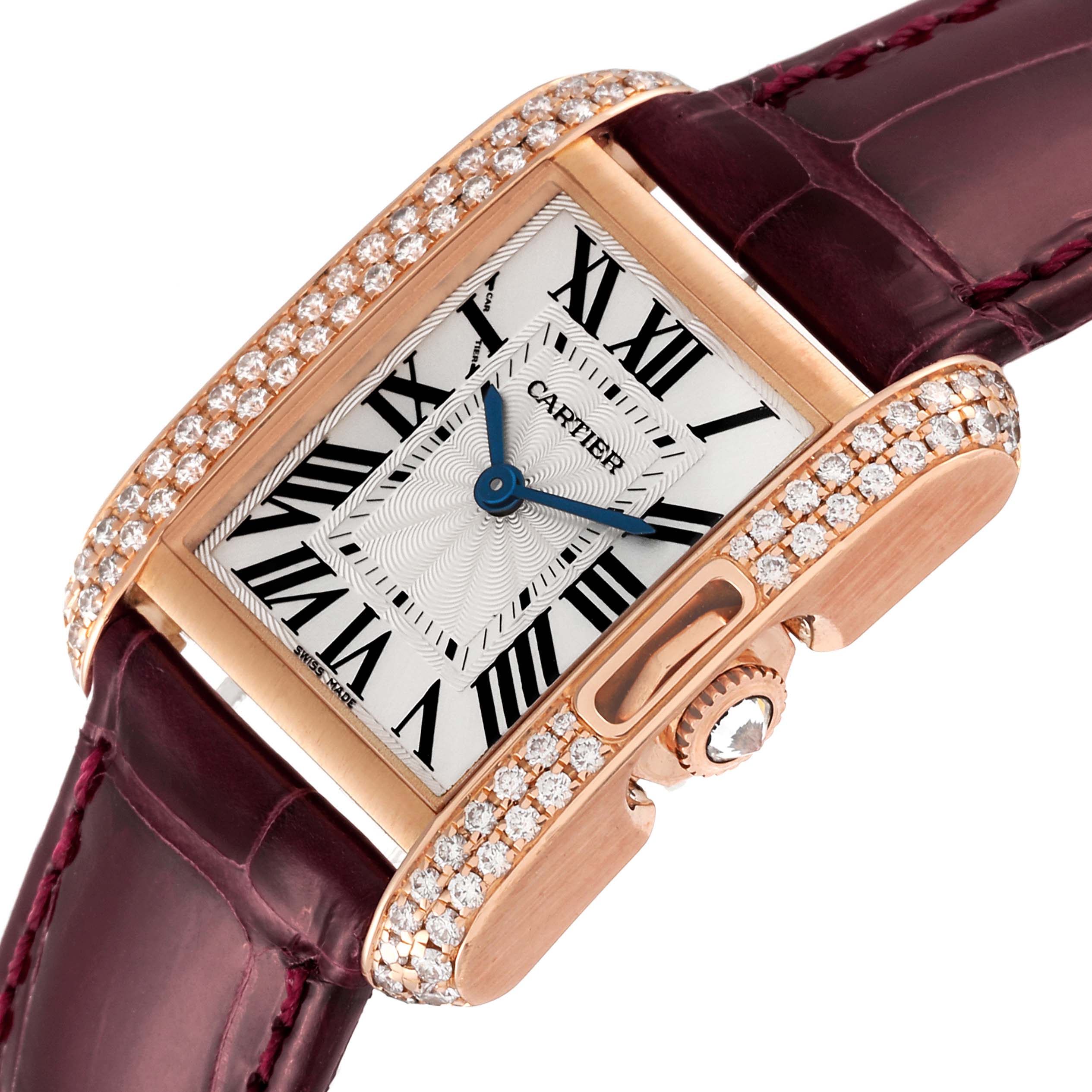 The image shows a close-up angled view of the Cartier Tank Anglaise WT100013 Women's Rose Gold Silver Dial WT100013 Women's Rose Gold Silver Dial watch, highlighting the diamond-studded bezel, dial, and part of the strap.