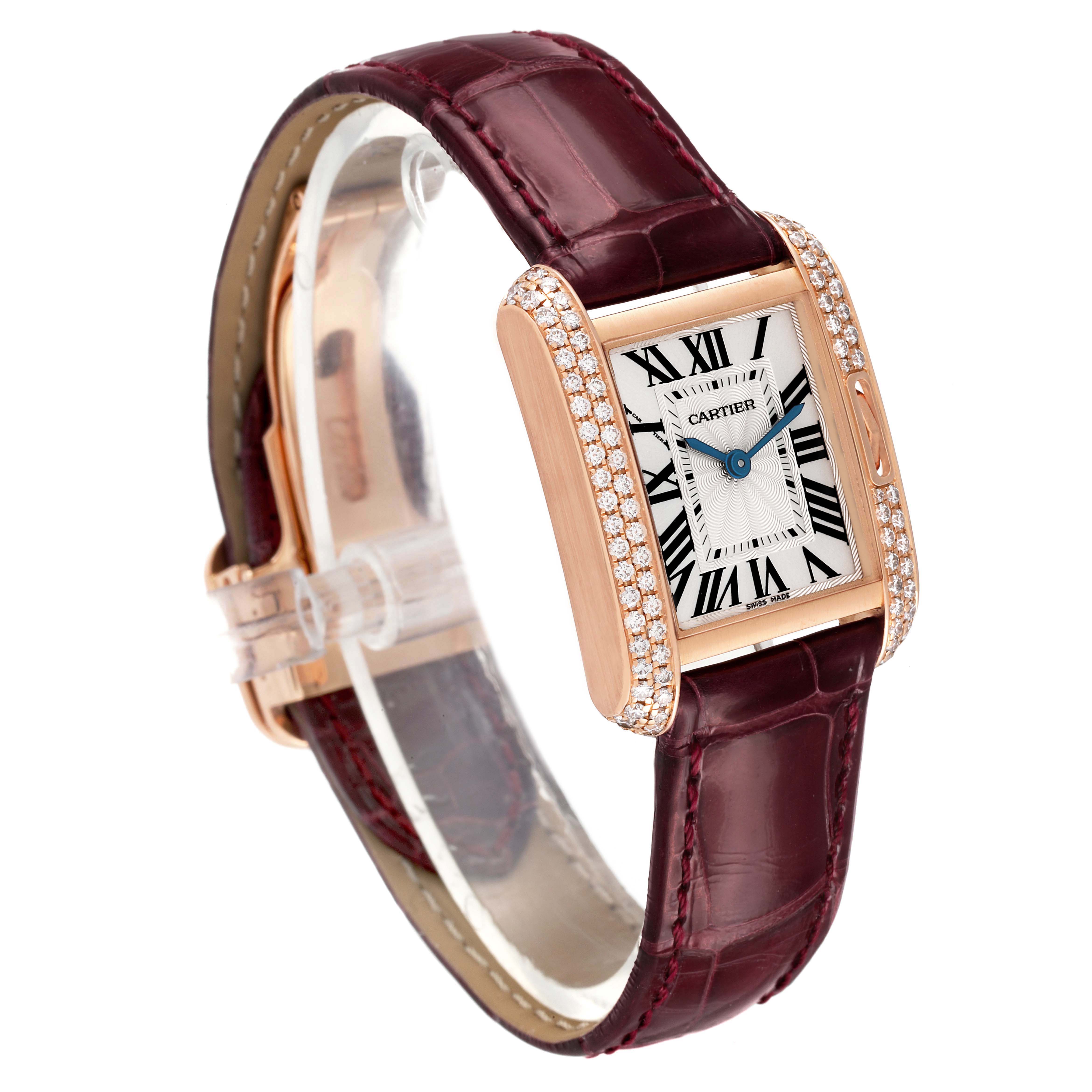The Cartier Tank Anglaise WT100013 Women's Rose Gold Silver Dial watch is shown at a three-quarter angle, highlighting the diamond-set bezel and leather strap.