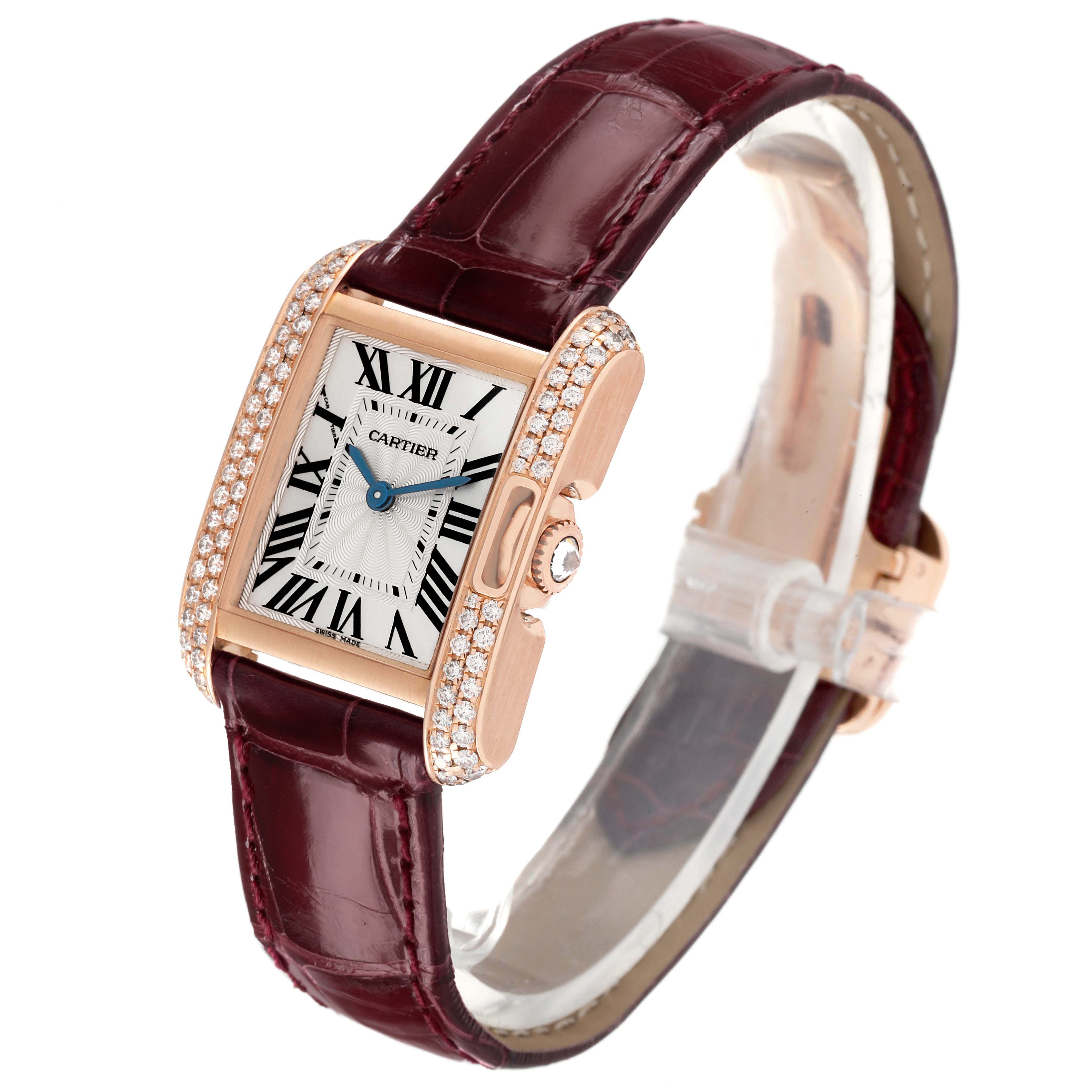 The Cartier Tank Anglaise WT100013 Women's Rose Gold Silver Dial watch is shown at a slight angle, highlighting the face, diamond-set bezel, and leather strap.