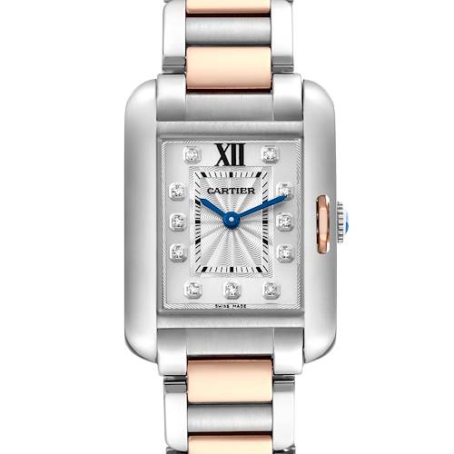 The Cartier Tank Anglaise WT100024 Women's Steel and Gold (two tone) Silver Dial watch is shown from the front, displaying its rectangular face, bracelet, and crown.