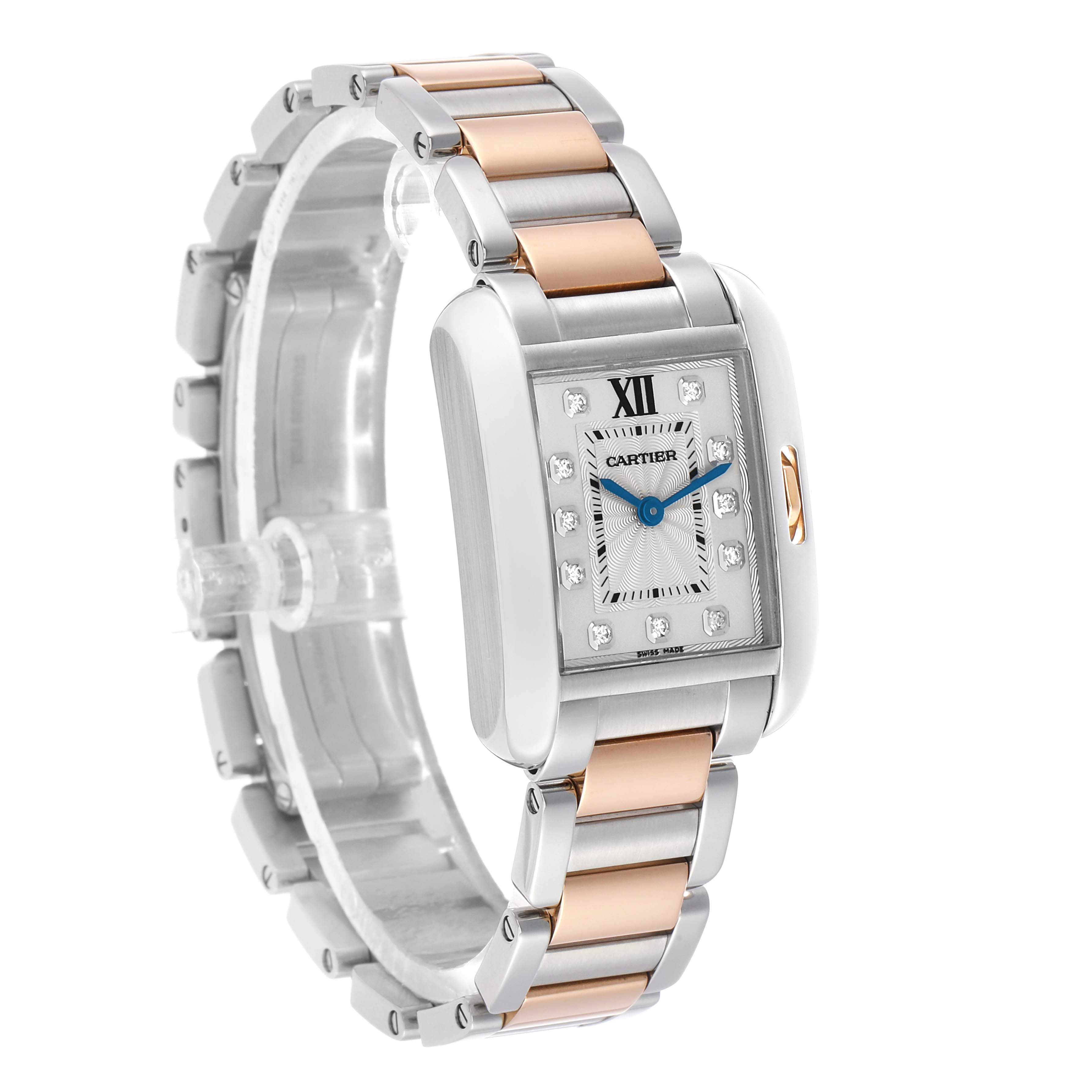 The Cartier Tank Anglaise WT100024 Women's Steel and Gold (two tone) Silver Dial watch is shown at a three-quarter angle, highlighting its bracelet, face, and side profile.