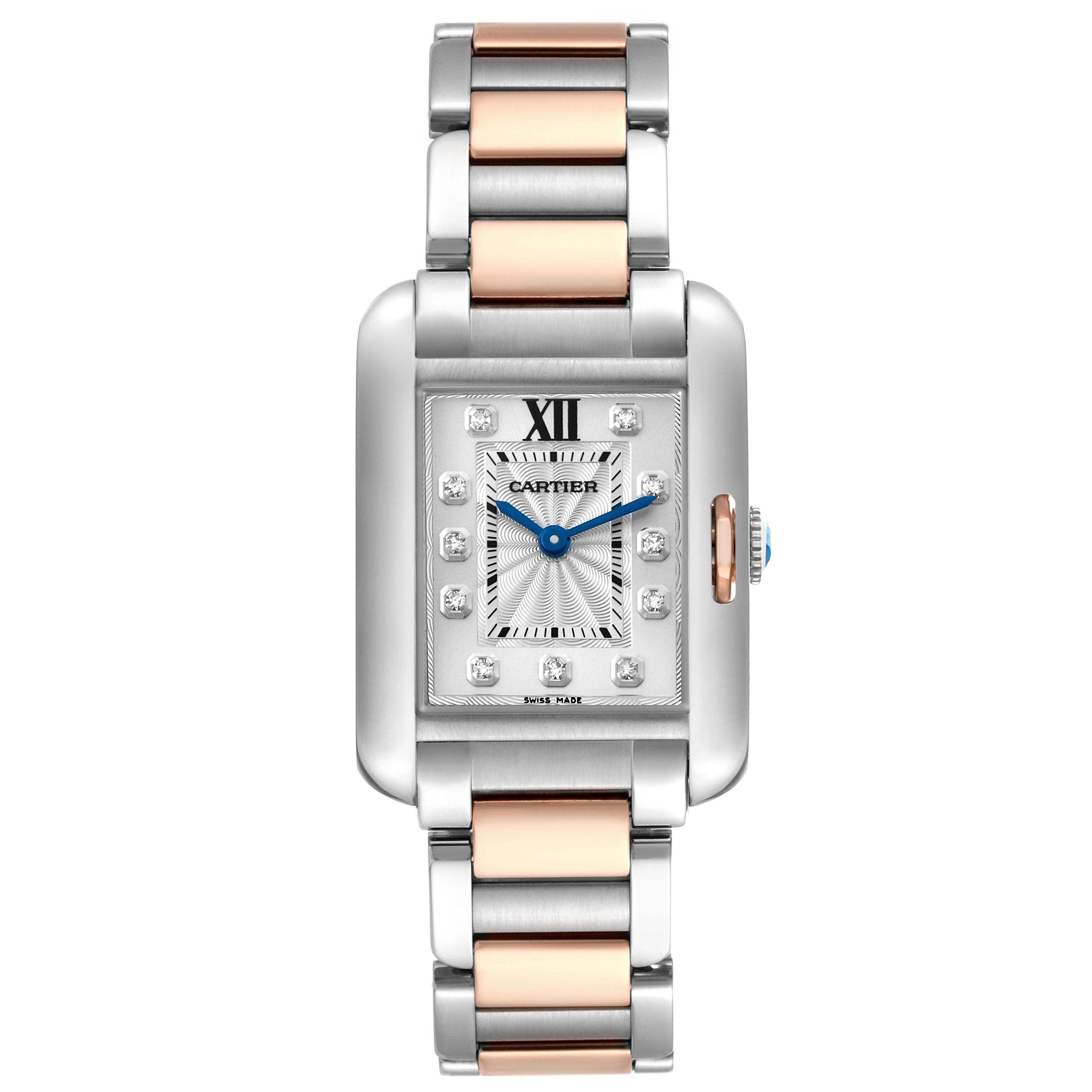 The Cartier Tank Anglaise WT100024 Women's Steel and Gold (two tone) Silver Dial watch is shown from a front angle, displaying its rectangular face and two-tone bracelet.