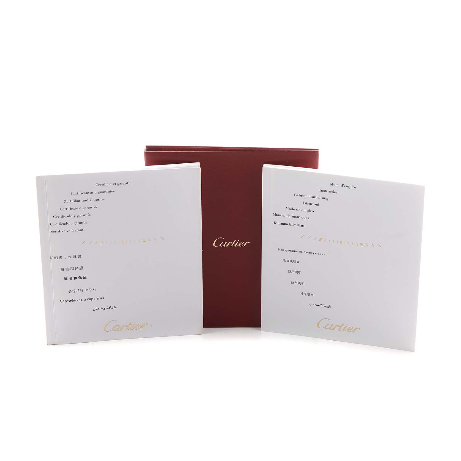 The image shows the Cartier Tank Anglaise WT100024 Women's Steel and Gold (two tone) Silver Dial documentation, including a certificate and instruction manuals, with a red cover.