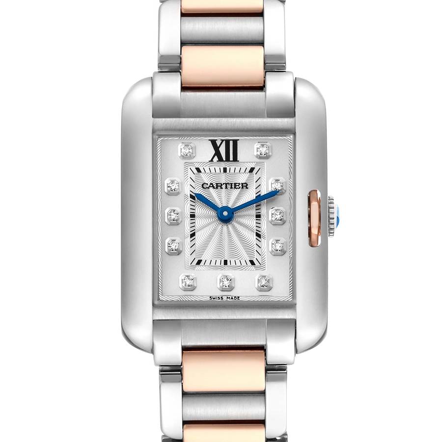 The Cartier Tank Anglaise WT100024 Women's Steel and Gold (two tone) Silver Dial watch is shown from the front, highlighting its rectangular face, blue hands, and mixed-metal bracelet.