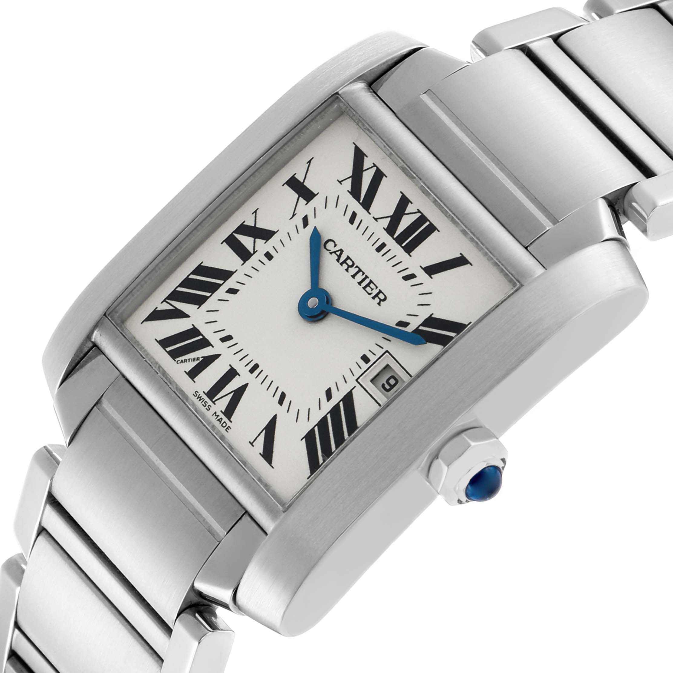 The Cartier Tank Française watch is shown at a tilted angle, highlighting its rectangular face, Roman numerals, date window, and metal bracelet.