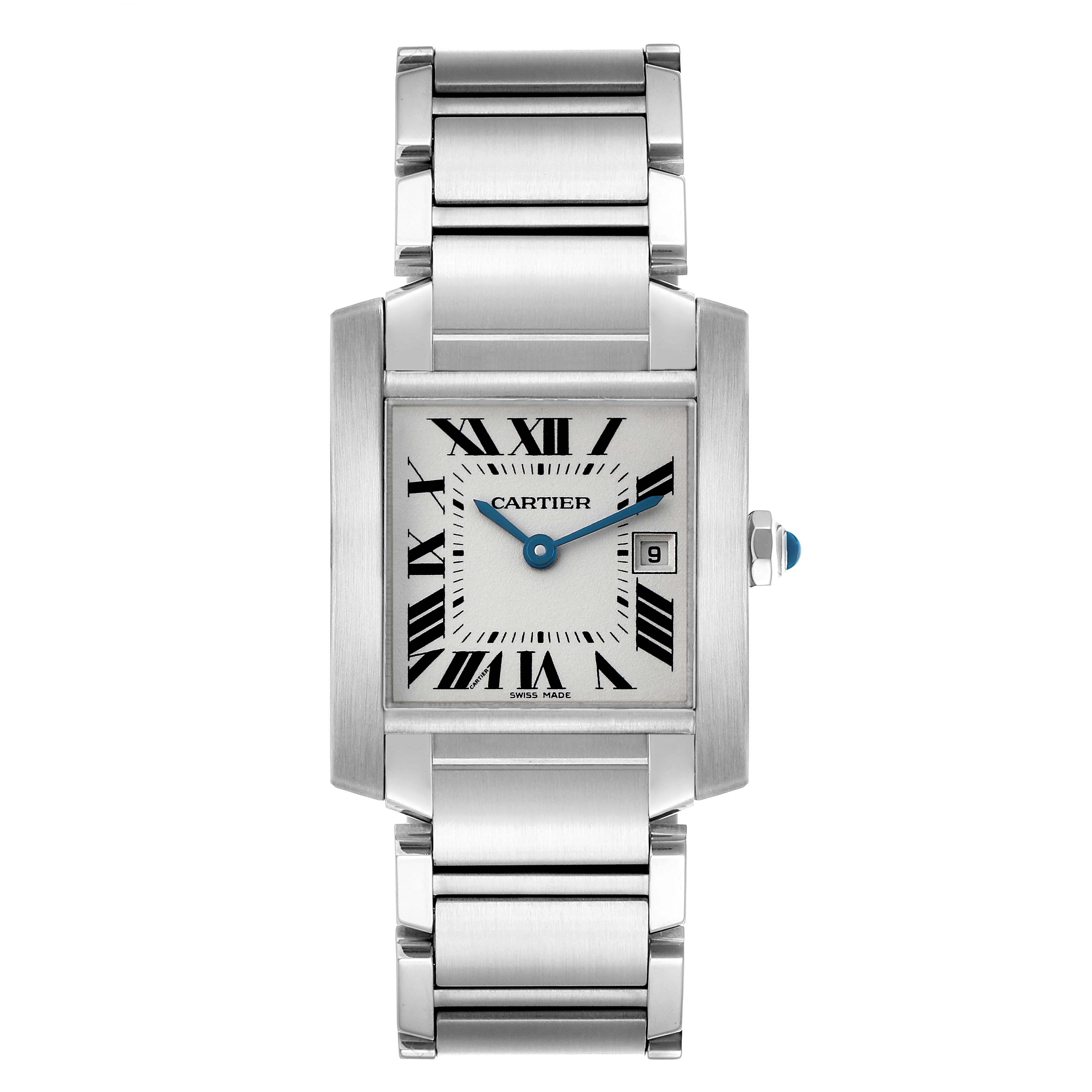 The Cartier Tank Française watch is shown from a front angle, displaying its rectangular face, Roman numerals, and metal bracelet.