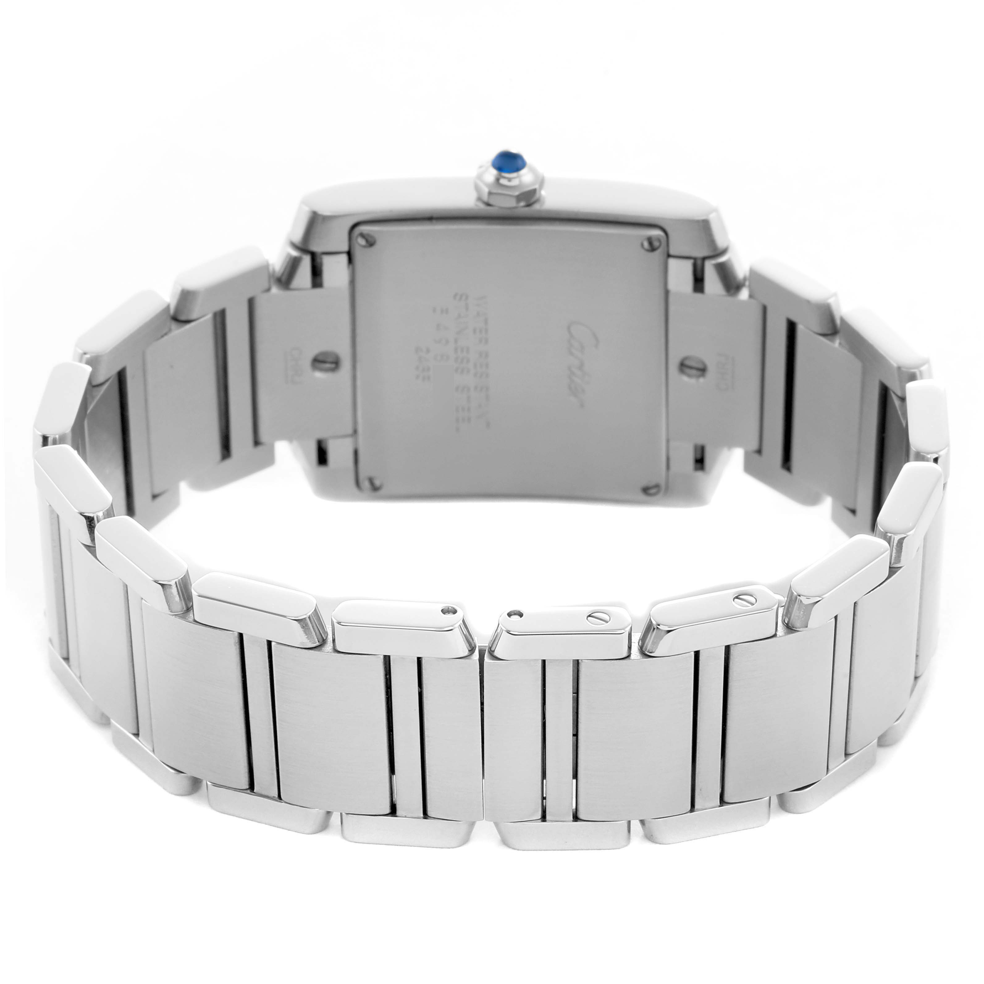 The image shows the back view of the Cartier Tank Francaise W51011Q3 Women's Stainless Steel Silver Dial watch, displaying the stainless steel case back and bracelet.