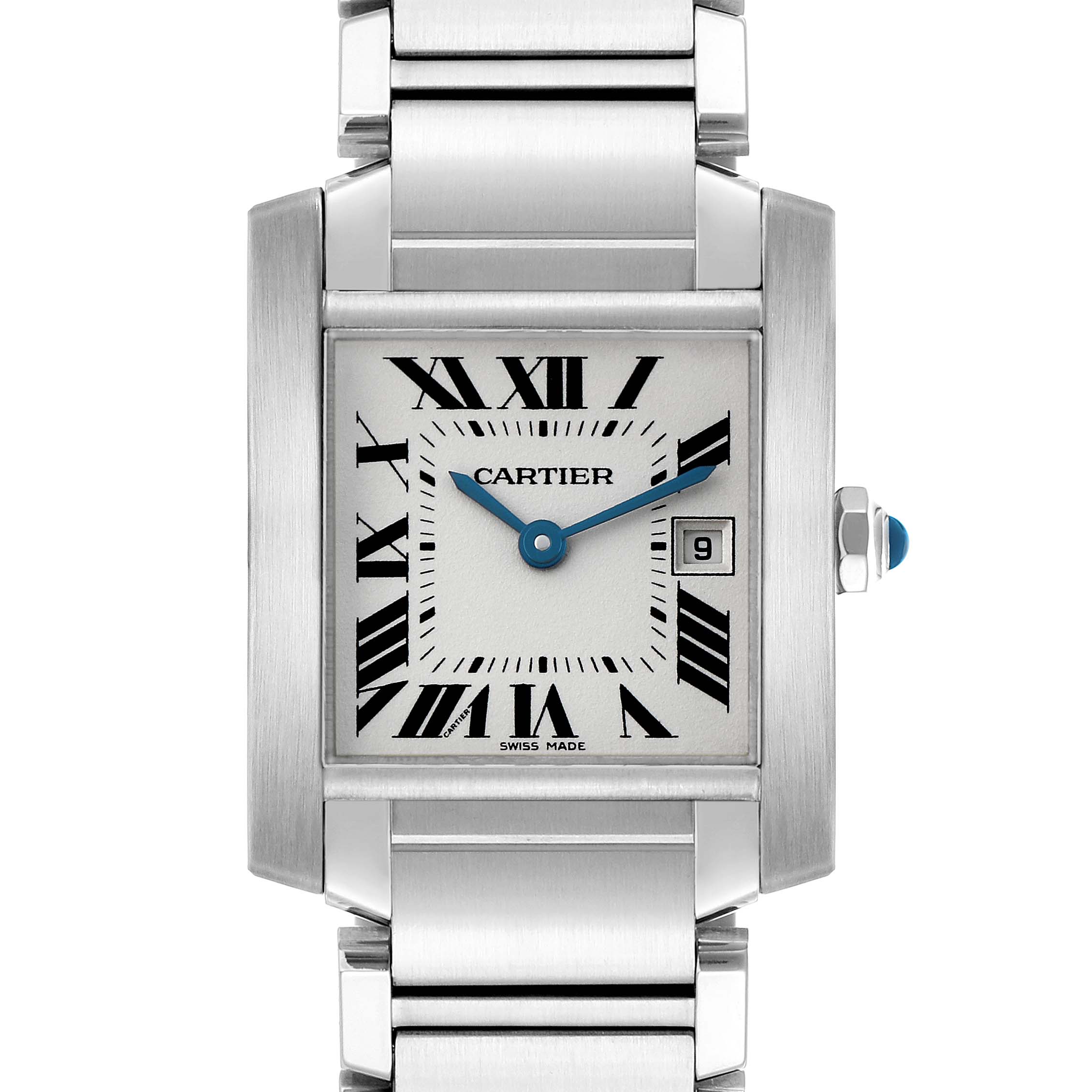 The Cartier Tank Francaise W51011Q3 Women's Stainless Steel Silver Dial watch is shown from a front view, highlighting its face, Roman numerals, and bracelet.