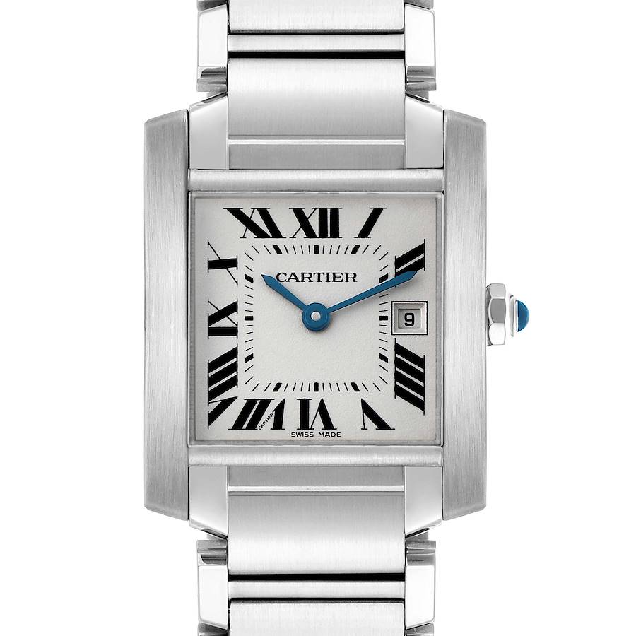 The Cartier Tank Francaise W51011Q3 Women's Stainless Steel Silver Dial watch is shown from a front view, highlighting its face, Roman numerals, and bracelet.