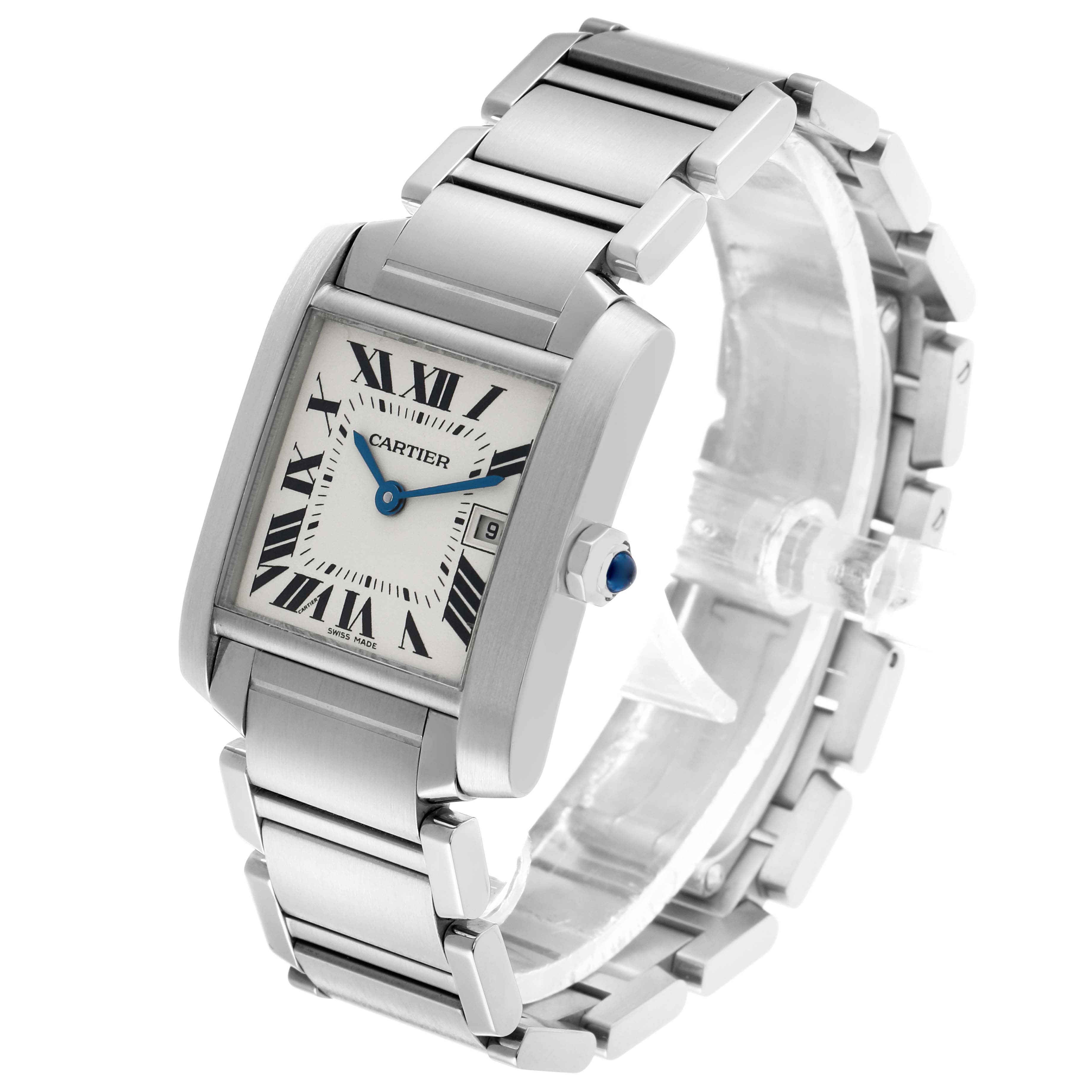 The Cartier Tank Francaise W51011Q3 Women's Stainless Steel Silver Dial watch is shown at a three-quarter angle, highlighting the face, bracelet, and crown.